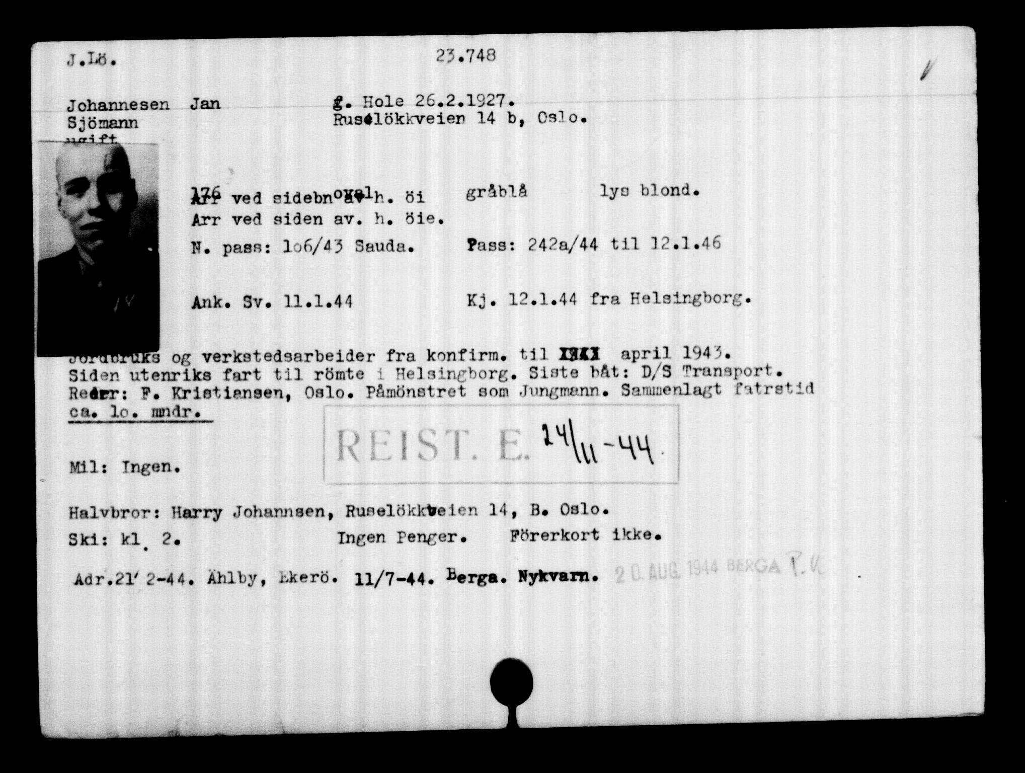 Utenriksstasjonene, Legasjonen i Stockholm, Flyktningkontoret, AV/RA-S-6753/V/Va/L0010: Kjesäterkartoteket, flyktninger med registreringsnr. 22000-25314, 1940-1945, p. 1858