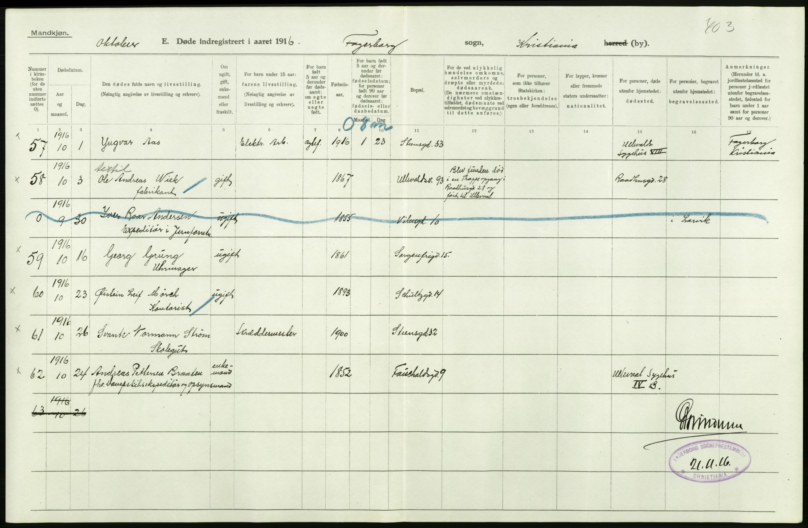 Statistisk sentralbyrå, Sosiodemografiske emner, Befolkning, AV/RA-S-2228/D/Df/Dfb/Dfbf/L0010: Kristiania: Døde, dødfødte., 1916, p. 384