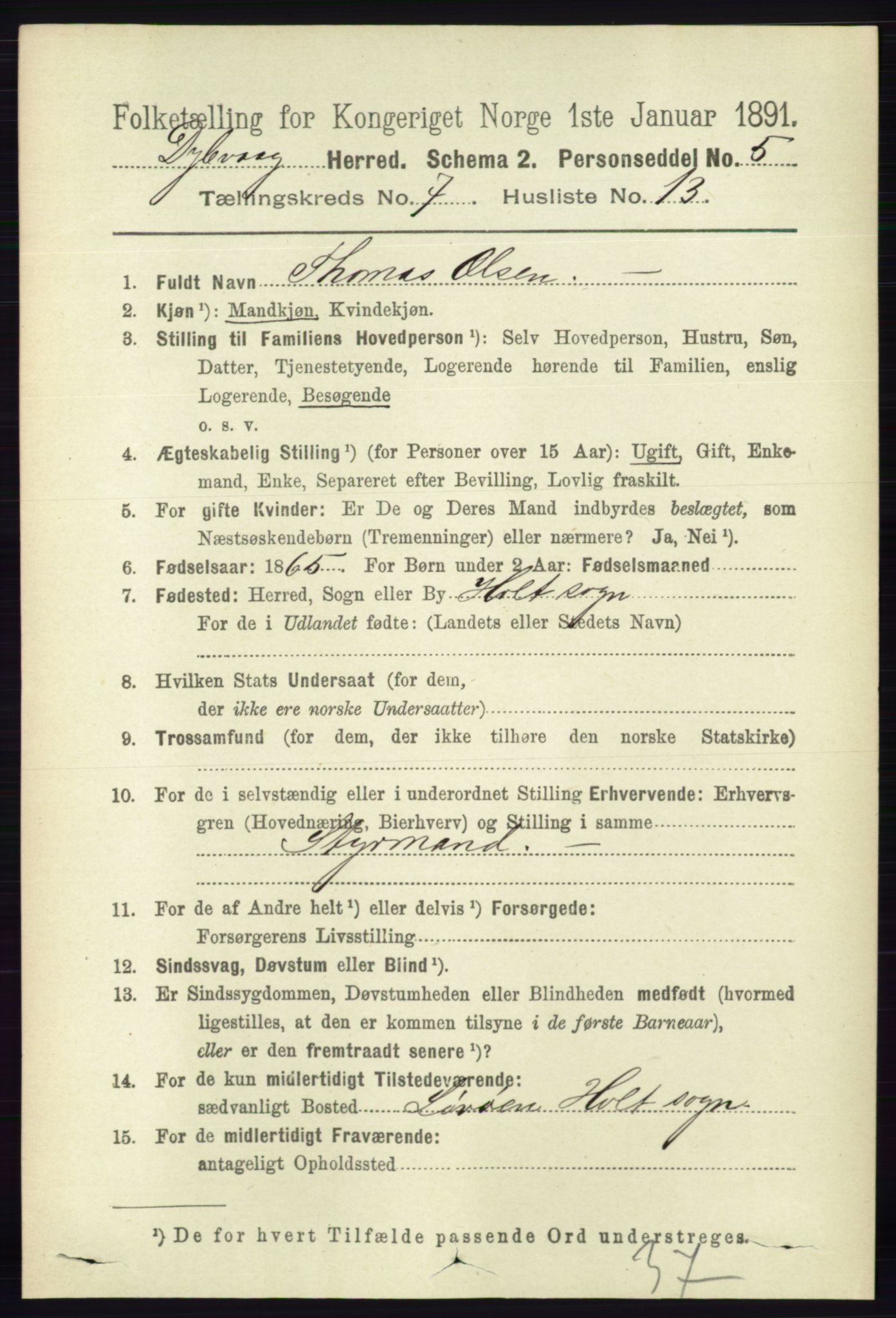 RA, 1891 census for 0915 Dypvåg, 1891, p. 2470