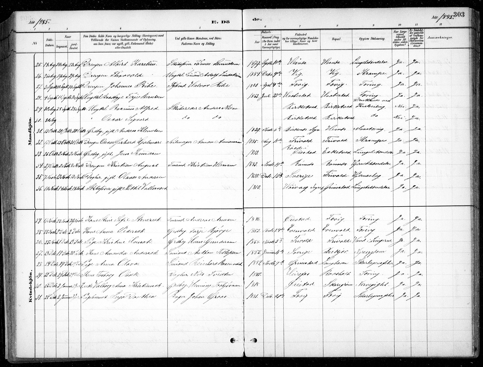 Fjære sokneprestkontor, AV/SAK-1111-0011/F/Fb/L0011: Parish register (copy) no. B 11, 1881-1905, p. 303