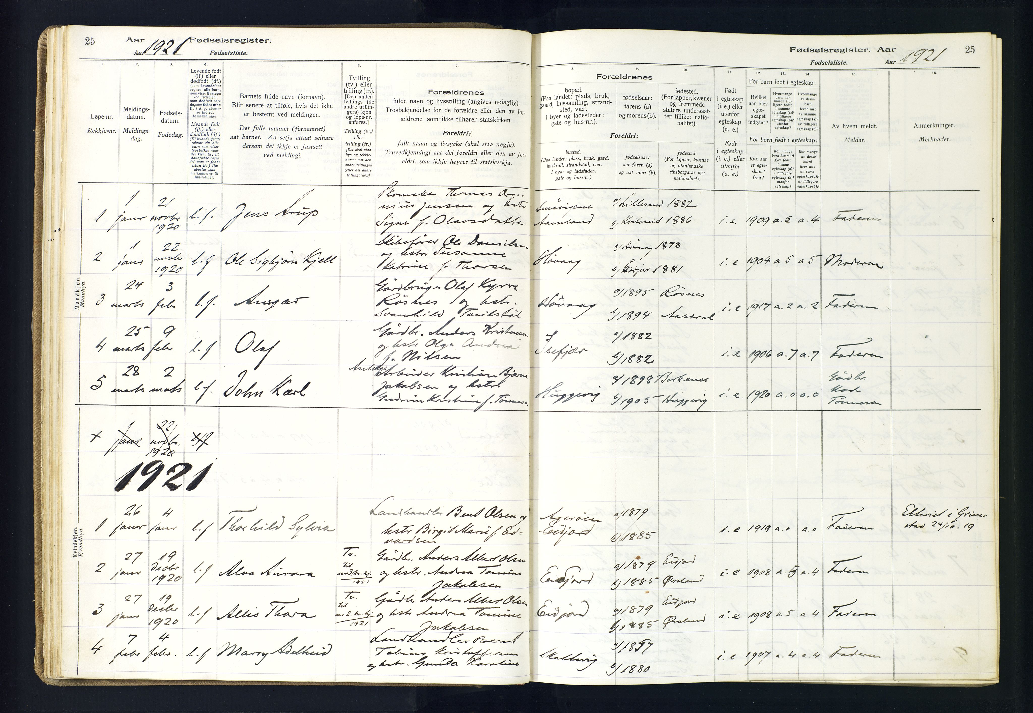 Høvåg sokneprestkontor, AV/SAK-1111-0025/J/Ja/L0001: Birth register no. II.4.2, 1916-1982, p. 25