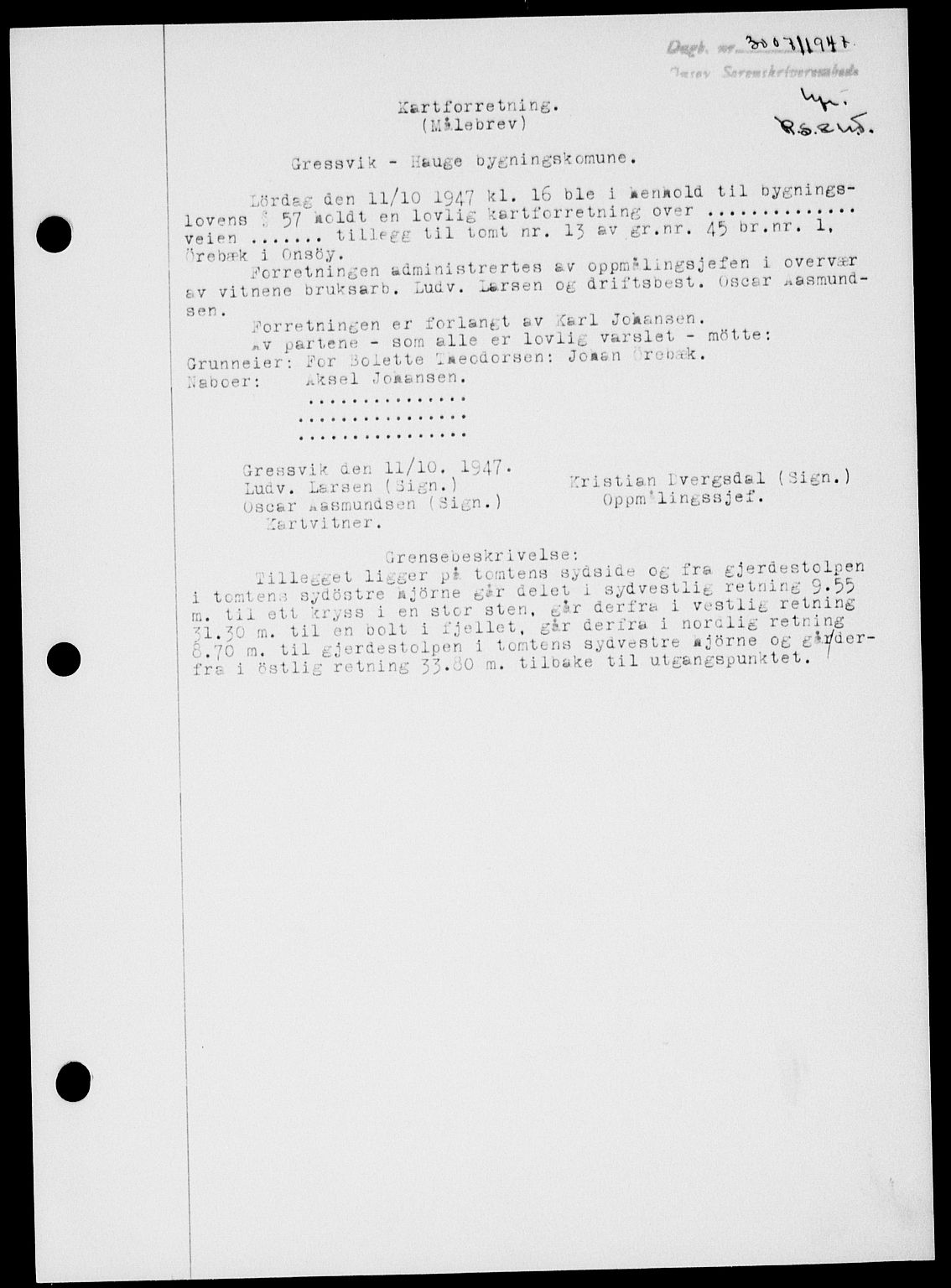 Onsøy sorenskriveri, SAO/A-10474/G/Ga/Gab/L0021: Mortgage book no. II A-21, 1947-1947, Diary no: : 3007/1947