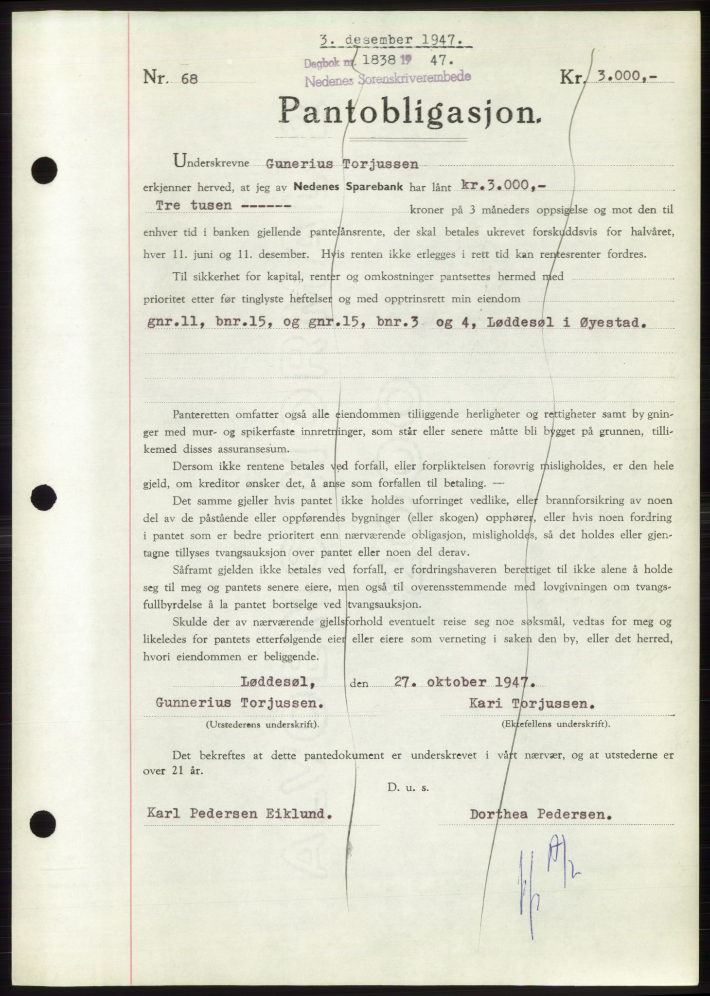 Nedenes sorenskriveri, AV/SAK-1221-0006/G/Gb/Gbb/L0004: Mortgage book no. B4, 1947-1947, Diary no: : 1838/1947