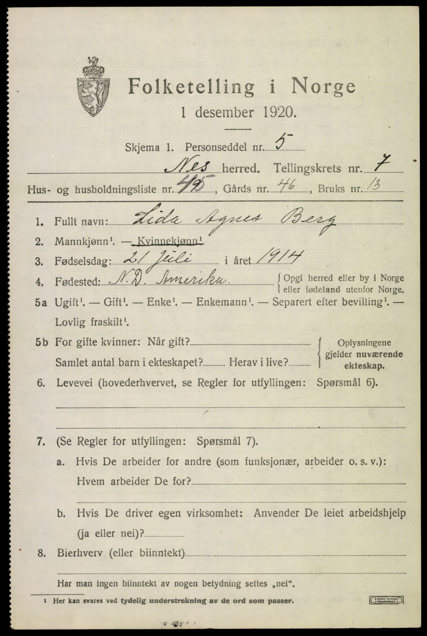 SAKO, 1920 census for Nes (Buskerud), 1920, p. 5000