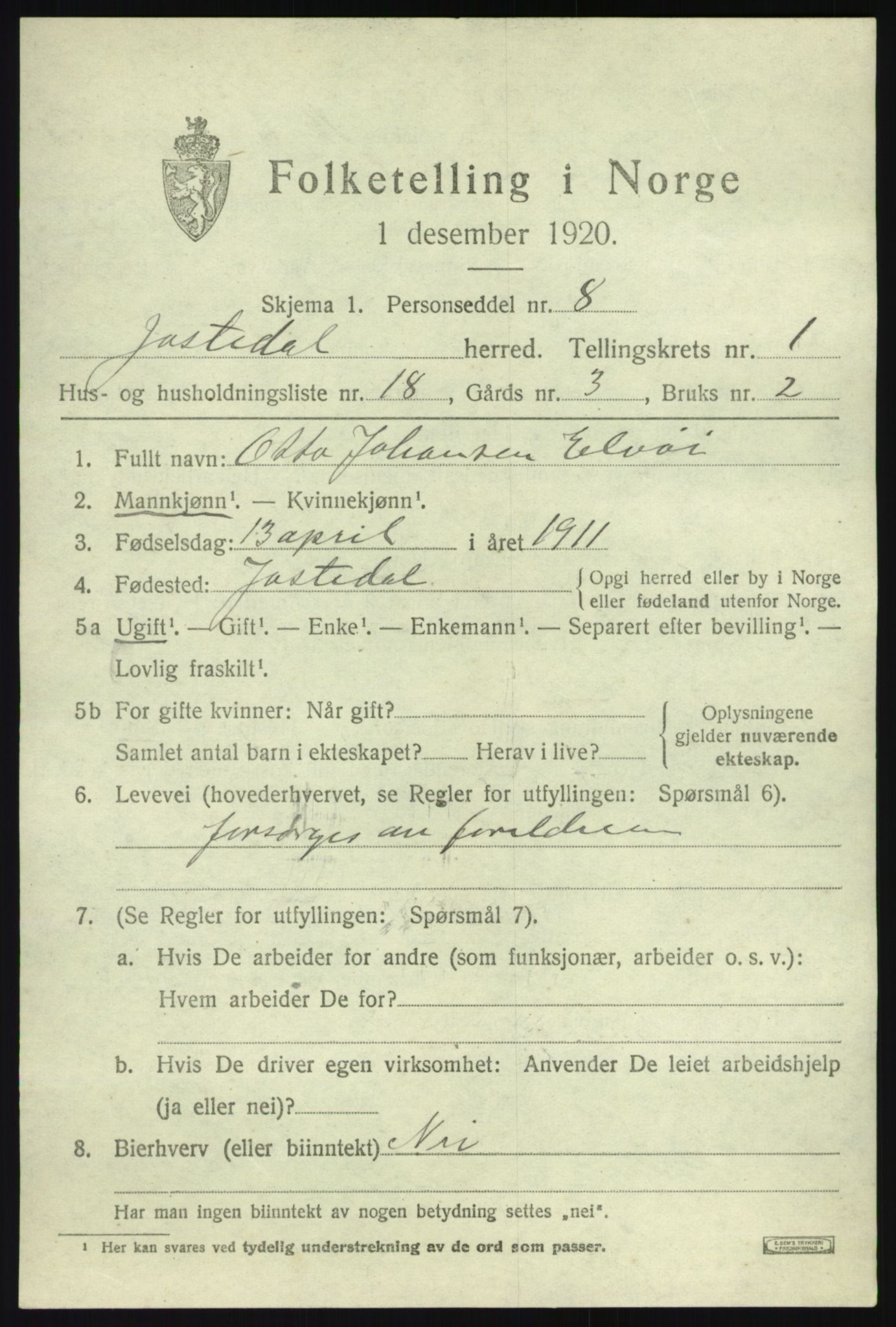 SAB, 1920 census for Jostedal, 1920, p. 572