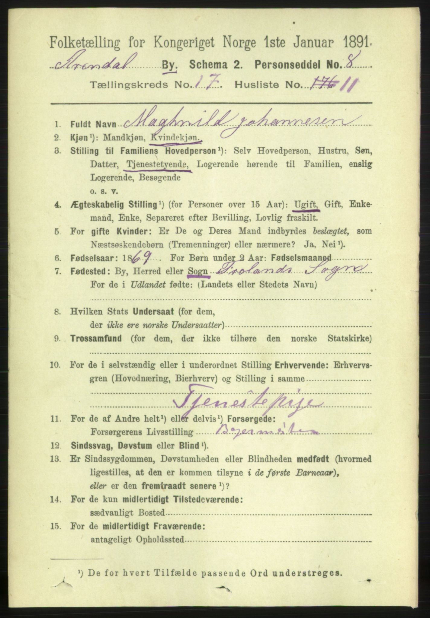 RA, 1891 census for 0903 Arendal, 1891, p. 5757