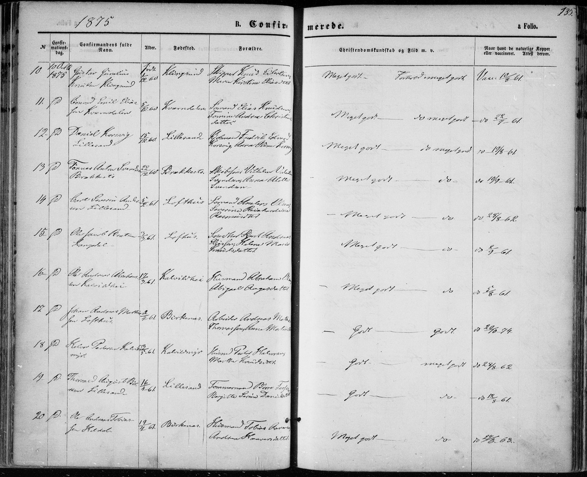 Vestre Moland sokneprestkontor, AV/SAK-1111-0046/F/Fa/Fab/L0008: Parish register (official) no. A 8, 1873-1883, p. 135