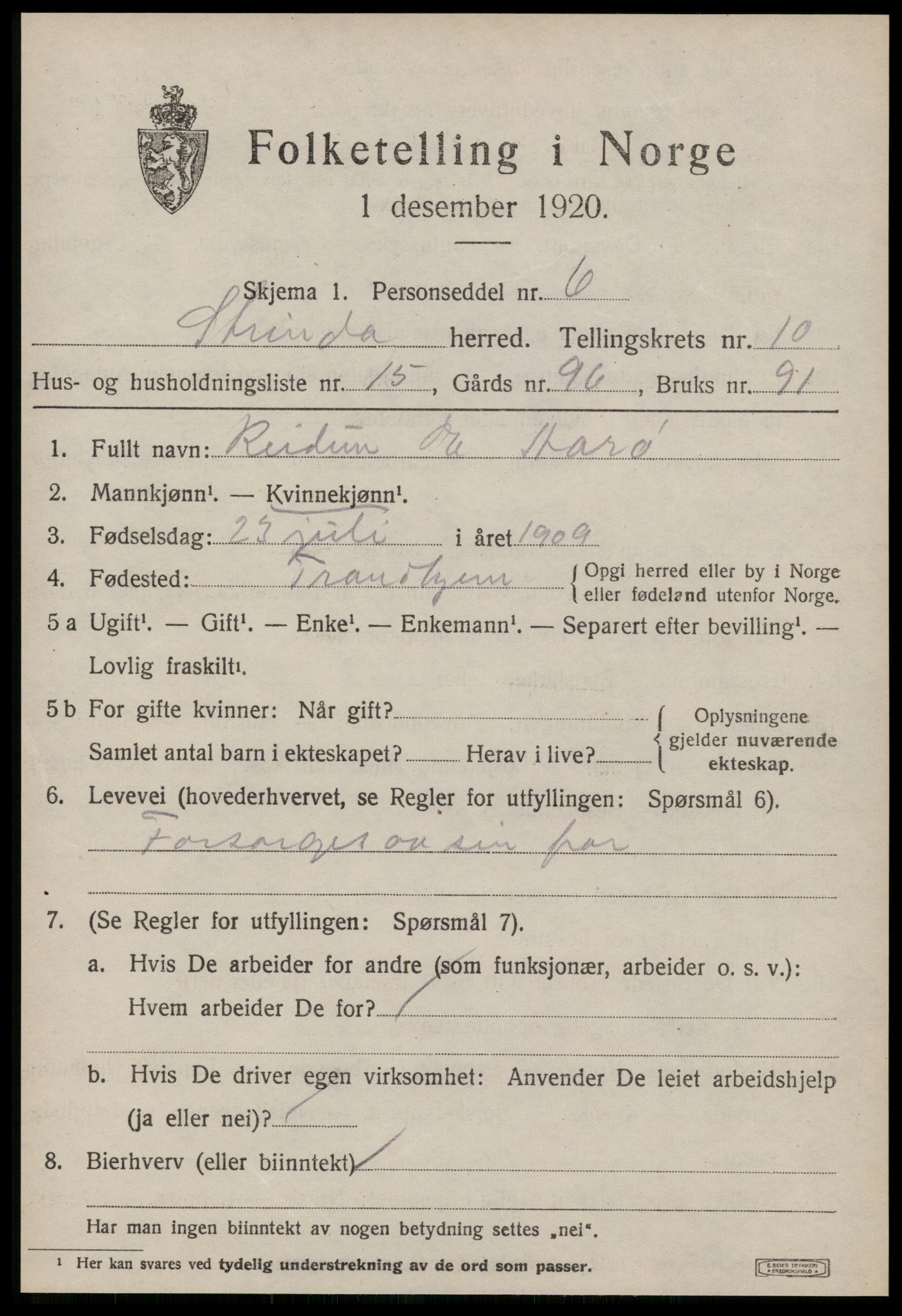 SAT, 1920 census for Strinda, 1920, p. 24350