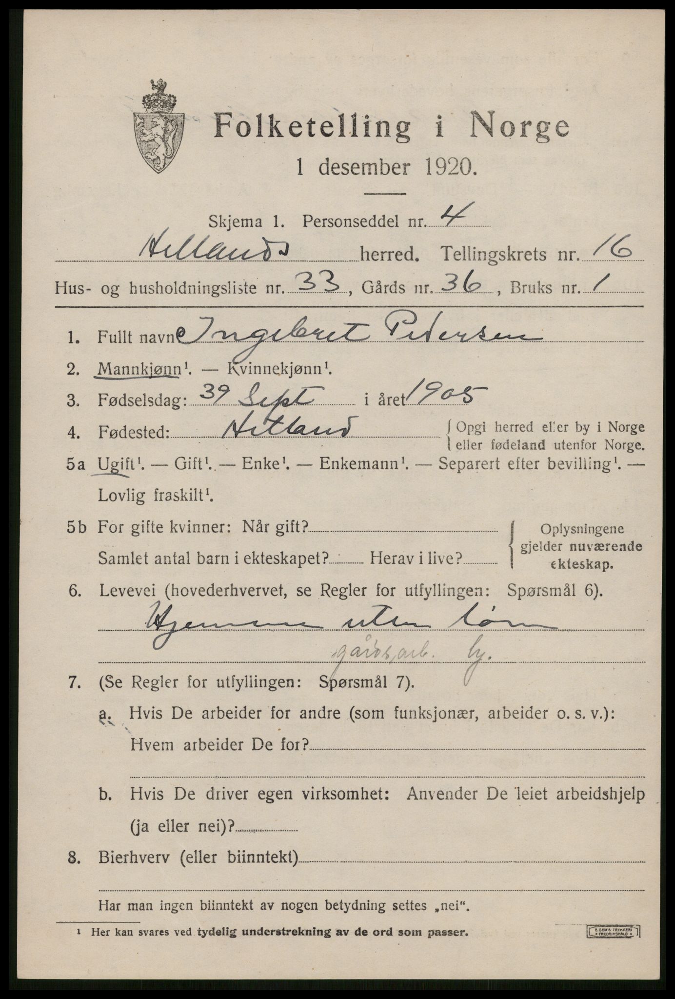 SAST, 1920 census for Hetland, 1920, p. 23505