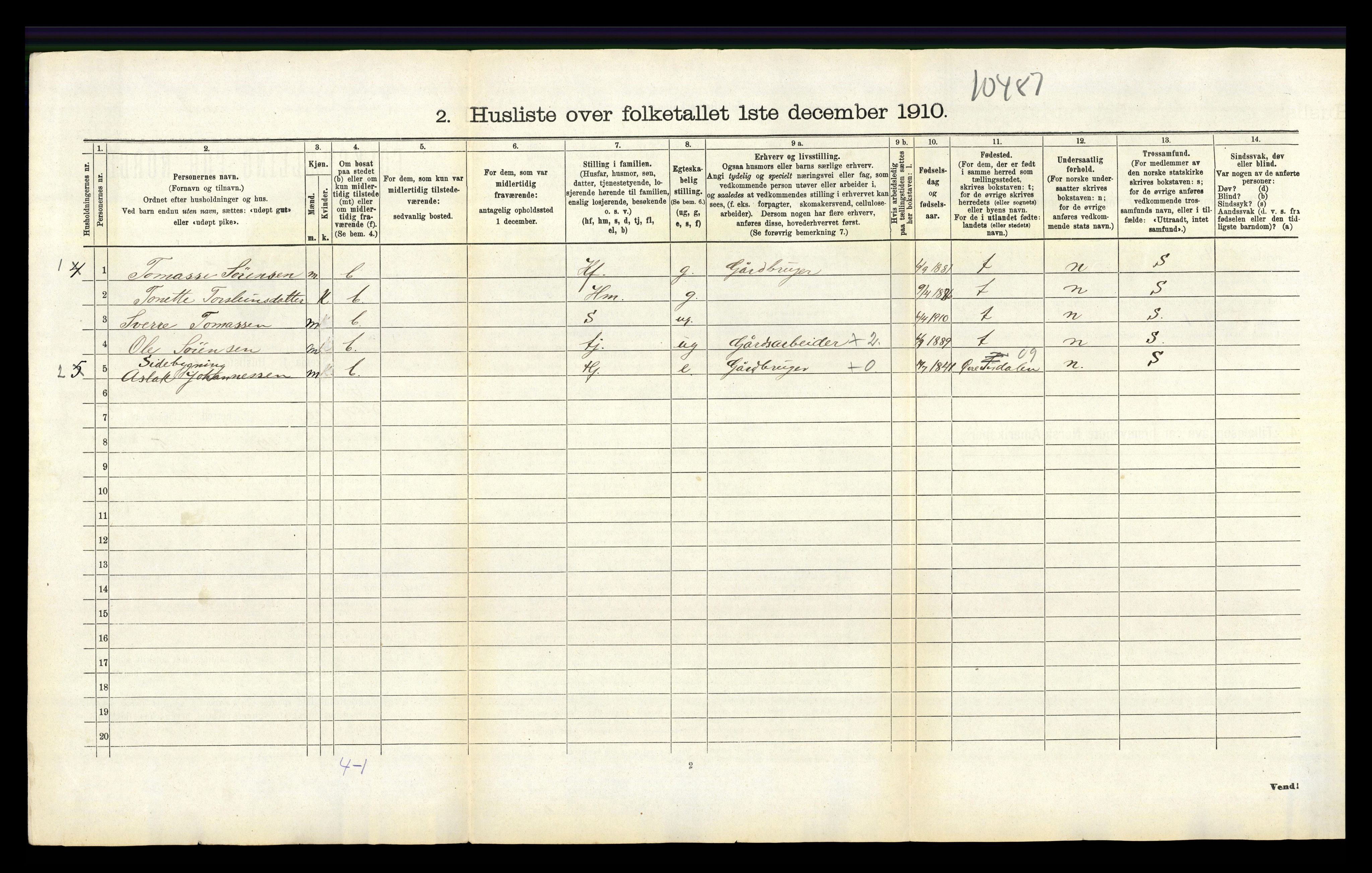 RA, 1910 census for Tonstad, 1910, p. 209