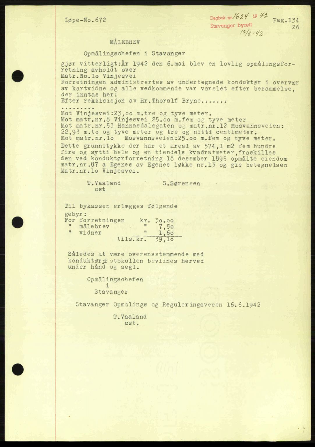 Stavanger byrett, SAST/A-100455/002/G/Gb/L0017: Mortgage book no. A7, 1941-1943, Diary no: : 1624/1942