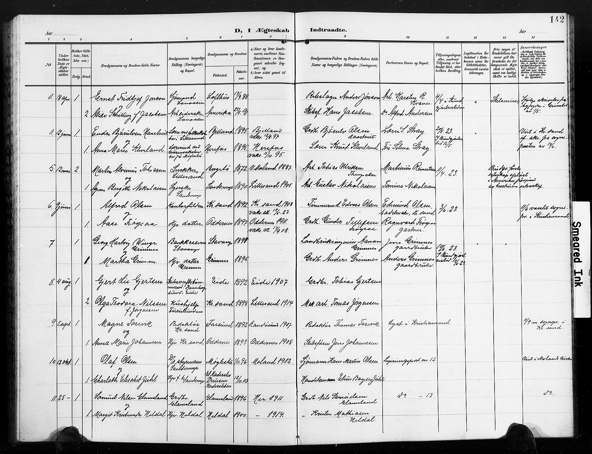 Vestre Moland sokneprestkontor, AV/SAK-1111-0046/F/Fb/Fbb/L0007: Parish register (copy) no. B 7, 1906-1929, p. 142