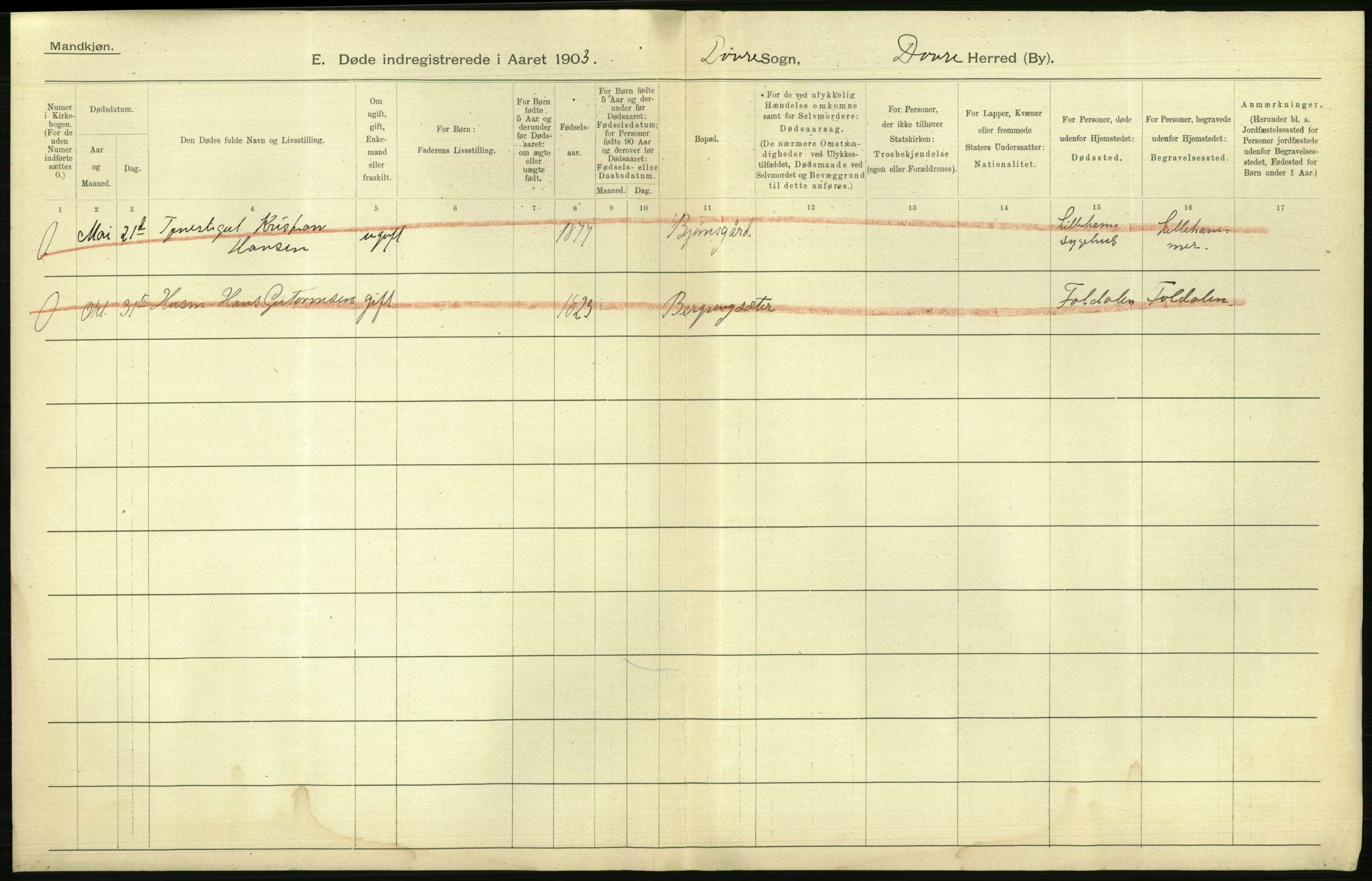 Statistisk sentralbyrå, Sosiodemografiske emner, Befolkning, AV/RA-S-2228/D/Df/Dfa/Dfaa/L0006: Kristians amt: Fødte, gifte, døde, 1903, p. 582