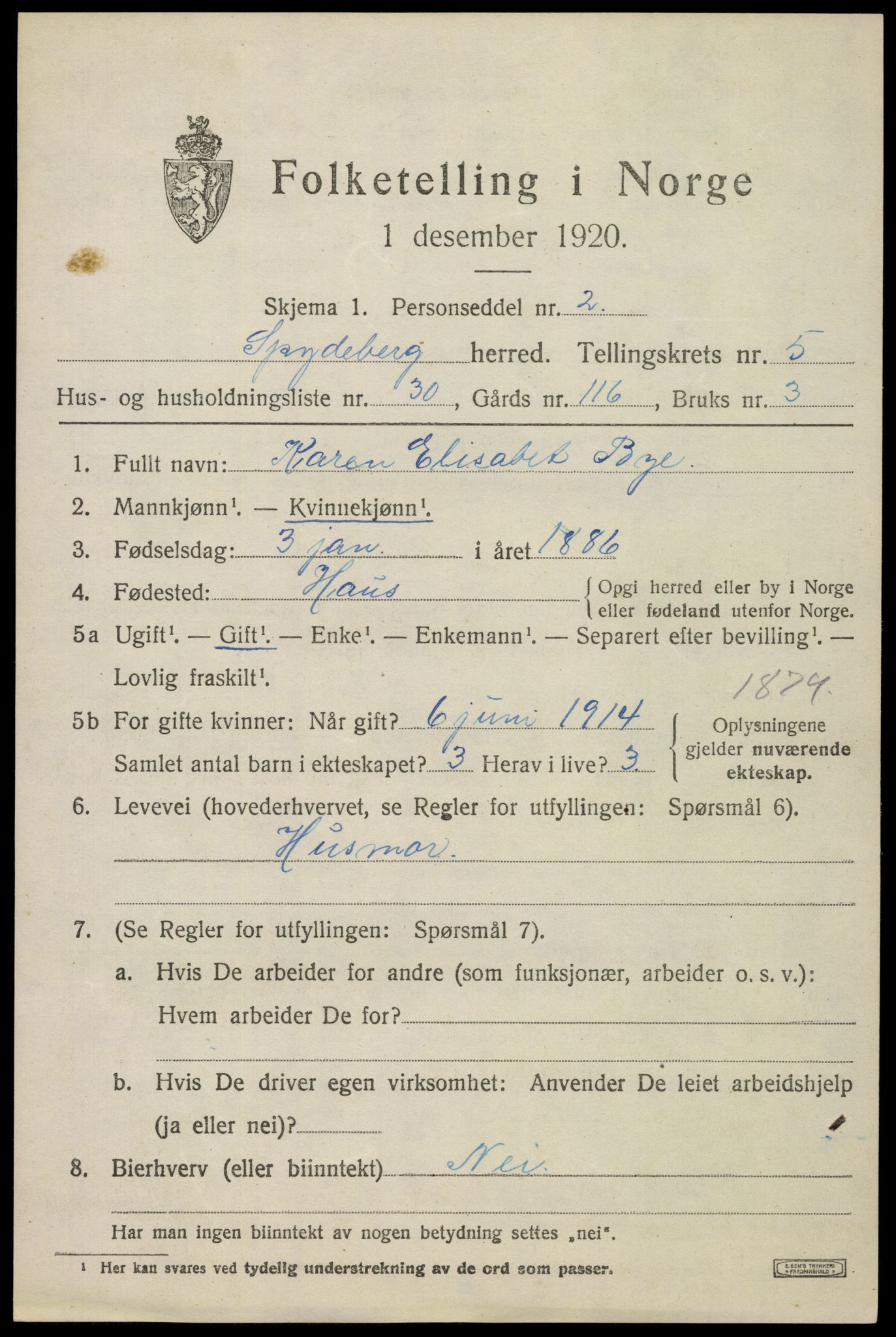 SAO, 1920 census for Spydeberg, 1920, p. 6471