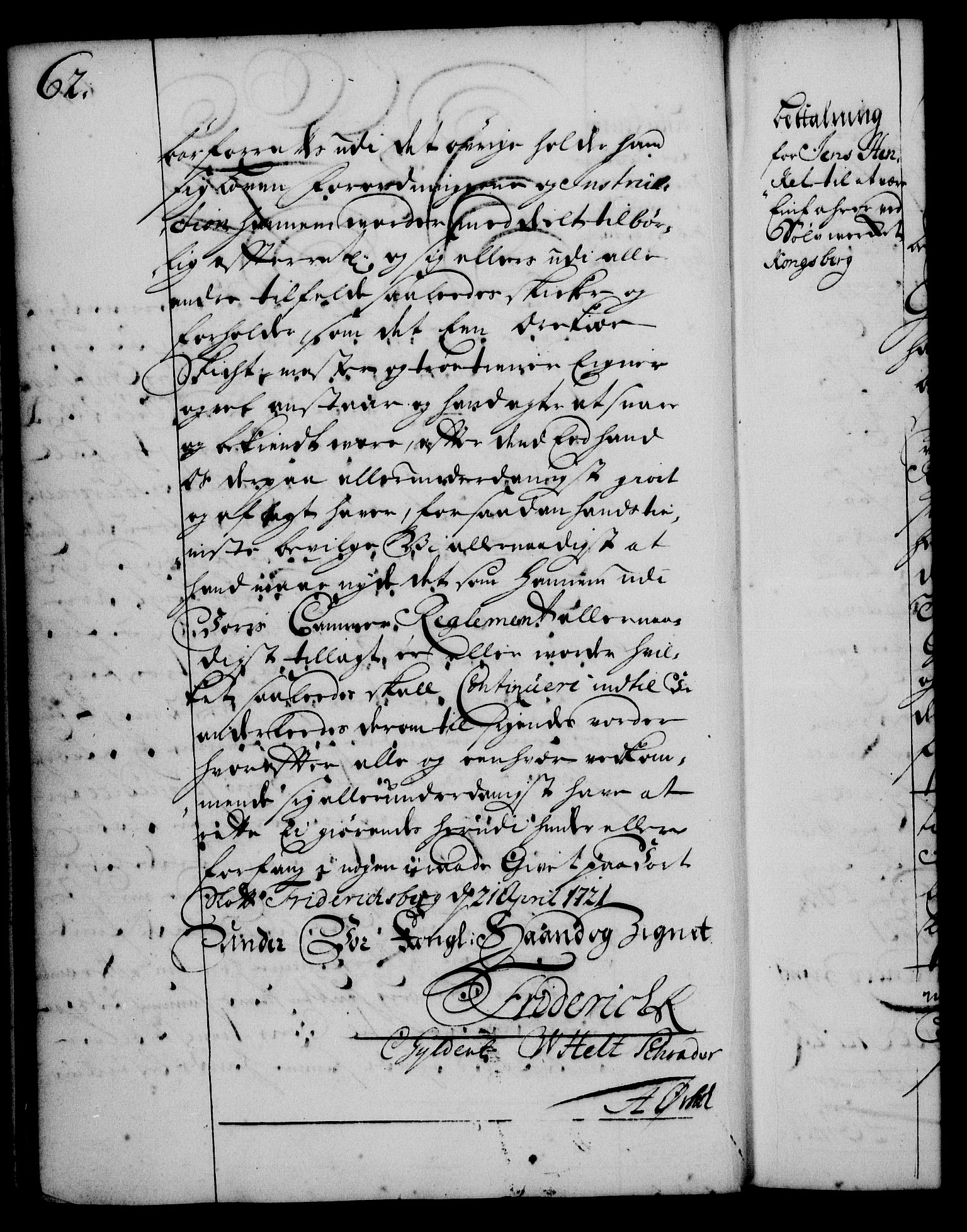 Rentekammeret, Kammerkanselliet, RA/EA-3111/G/Gg/Gge/L0001: Norsk bestallingsprotokoll med register (merket RK 53.25), 1720-1730, p. 62
