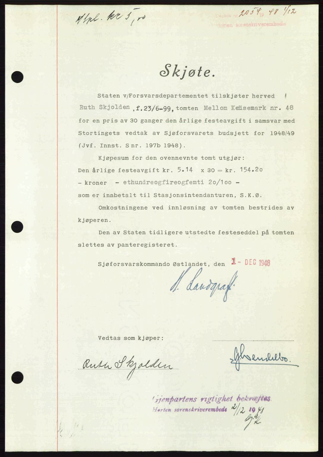 Horten sorenskriveri, AV/SAKO-A-133/G/Ga/Gaa/L0011: Mortgage book no. A-11, 1948-1948, Diary no: : 2054/1948