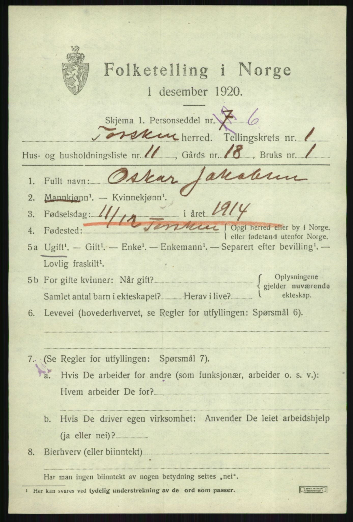 SATØ, 1920 census for Torsken, 1920, p. 683