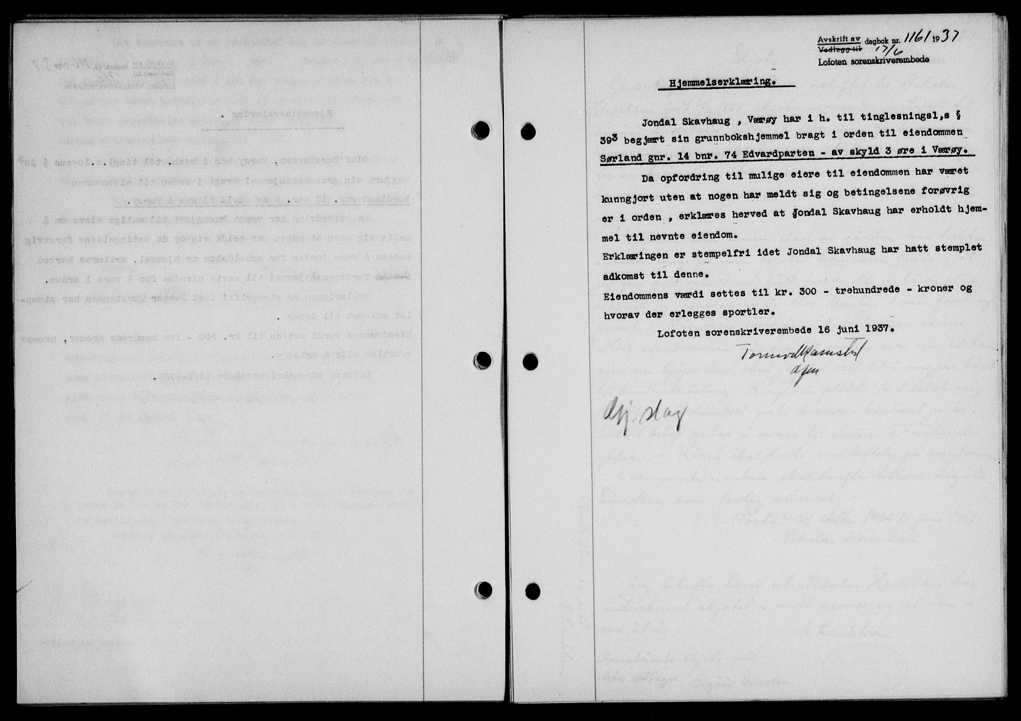 Lofoten sorenskriveri, SAT/A-0017/1/2/2C/L0002a: Mortgage book no. 2a, 1937-1937, Diary no: : 1161/1937
