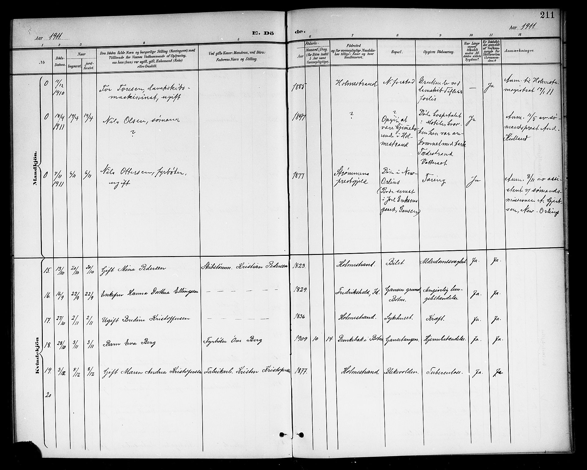 Holmestrand kirkebøker, AV/SAKO-A-346/G/Ga/L0006: Parish register (copy) no. 6, 1901-1923, p. 211