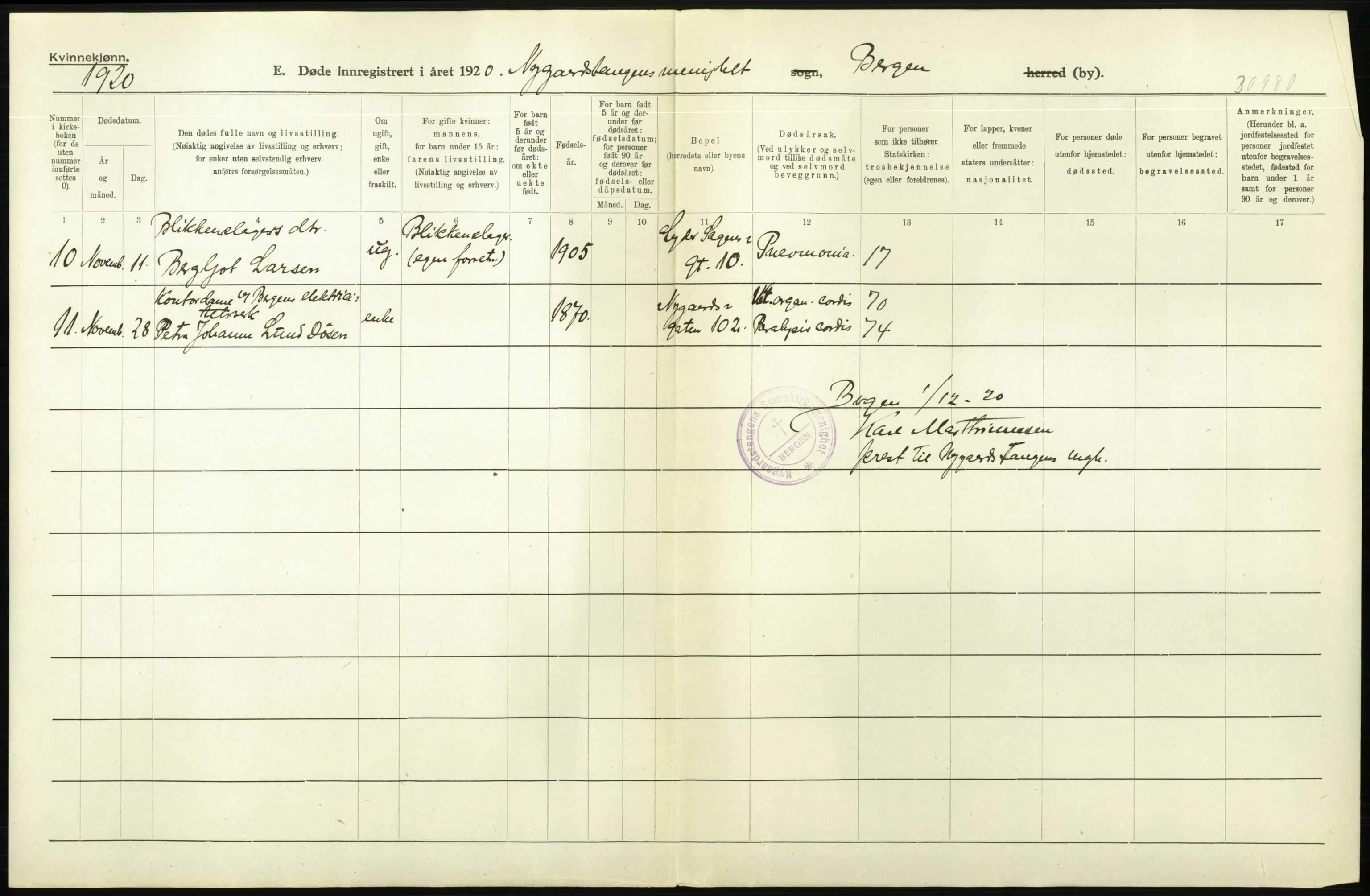 Statistisk sentralbyrå, Sosiodemografiske emner, Befolkning, AV/RA-S-2228/D/Df/Dfb/Dfbj/L0042: Bergen: Gifte, døde, dødfødte., 1920, p. 276