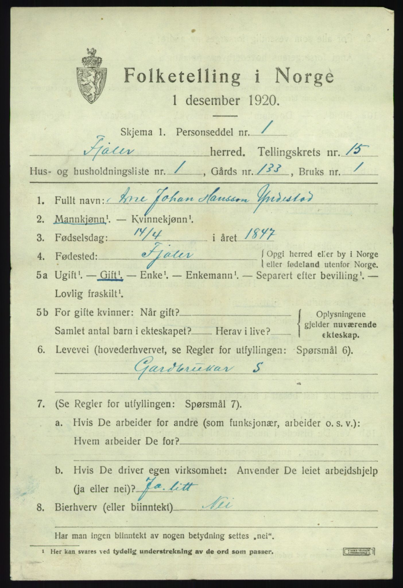 SAB, 1920 census for Fjaler, 1920, p. 8063