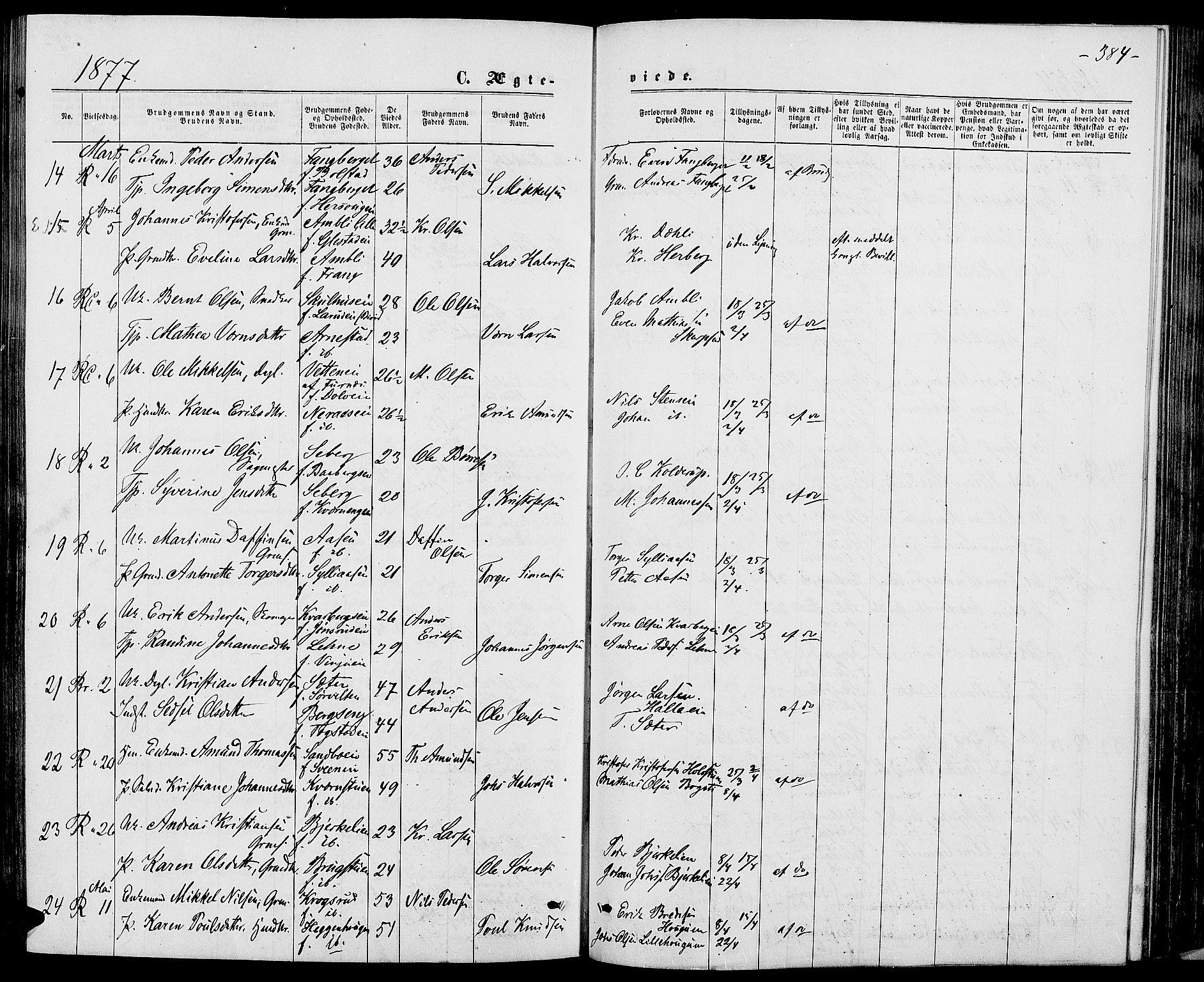 Ringsaker prestekontor, AV/SAH-PREST-014/L/La/L0008: Parish register (copy) no. 8, 1870-1878, p. 384