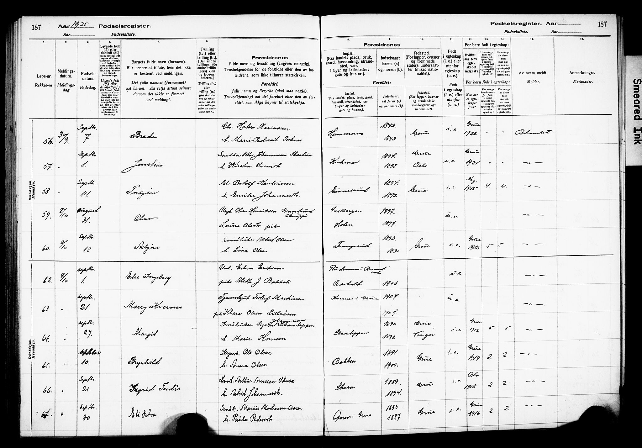 Grue prestekontor, AV/SAH-PREST-036/I/Id/Ida/L0001: Birth register no. I 1, 1916-1926, p. 187