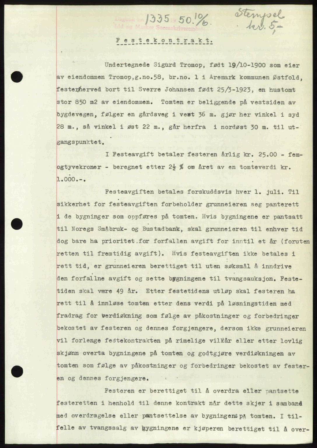 Idd og Marker sorenskriveri, AV/SAO-A-10283/G/Gb/Gbb/L0014: Mortgage book no. A14, 1950-1950, Diary no: : 1335/1950