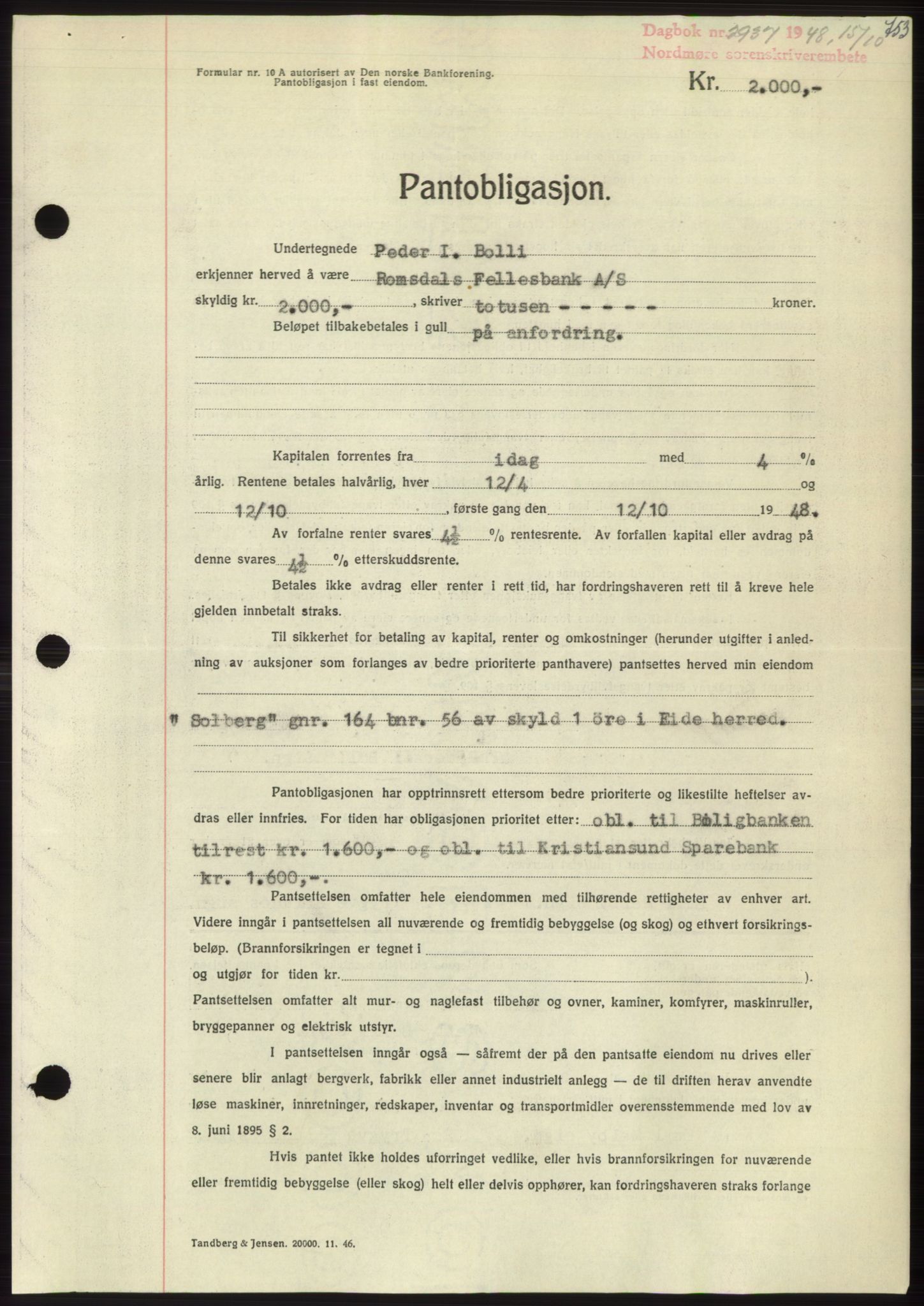 Nordmøre sorenskriveri, AV/SAT-A-4132/1/2/2Ca: Mortgage book no. B99, 1948-1948, Diary no: : 2937/1948