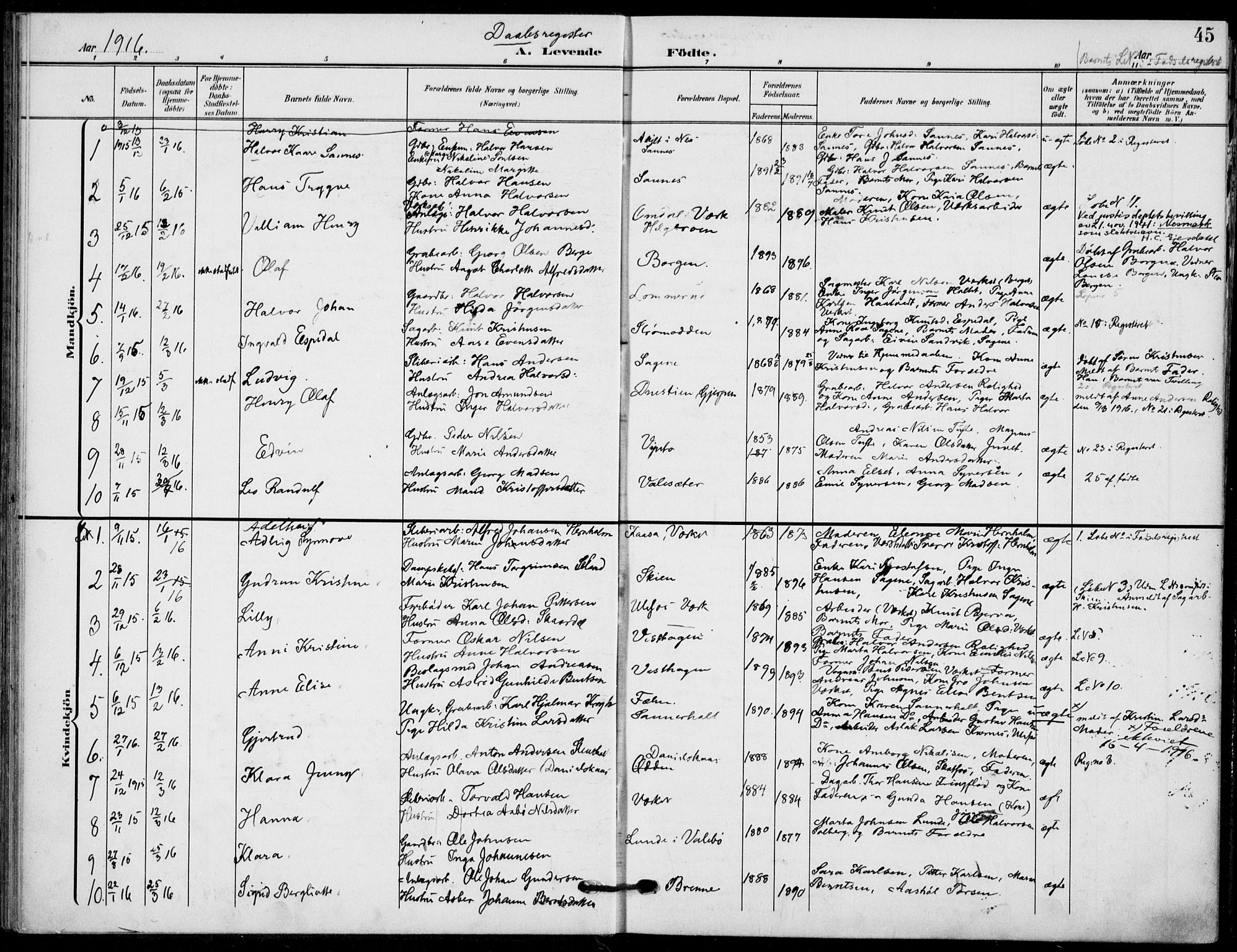 Holla kirkebøker, AV/SAKO-A-272/F/Fa/L0012: Parish register (official) no. 12, 1907-1923, p. 45