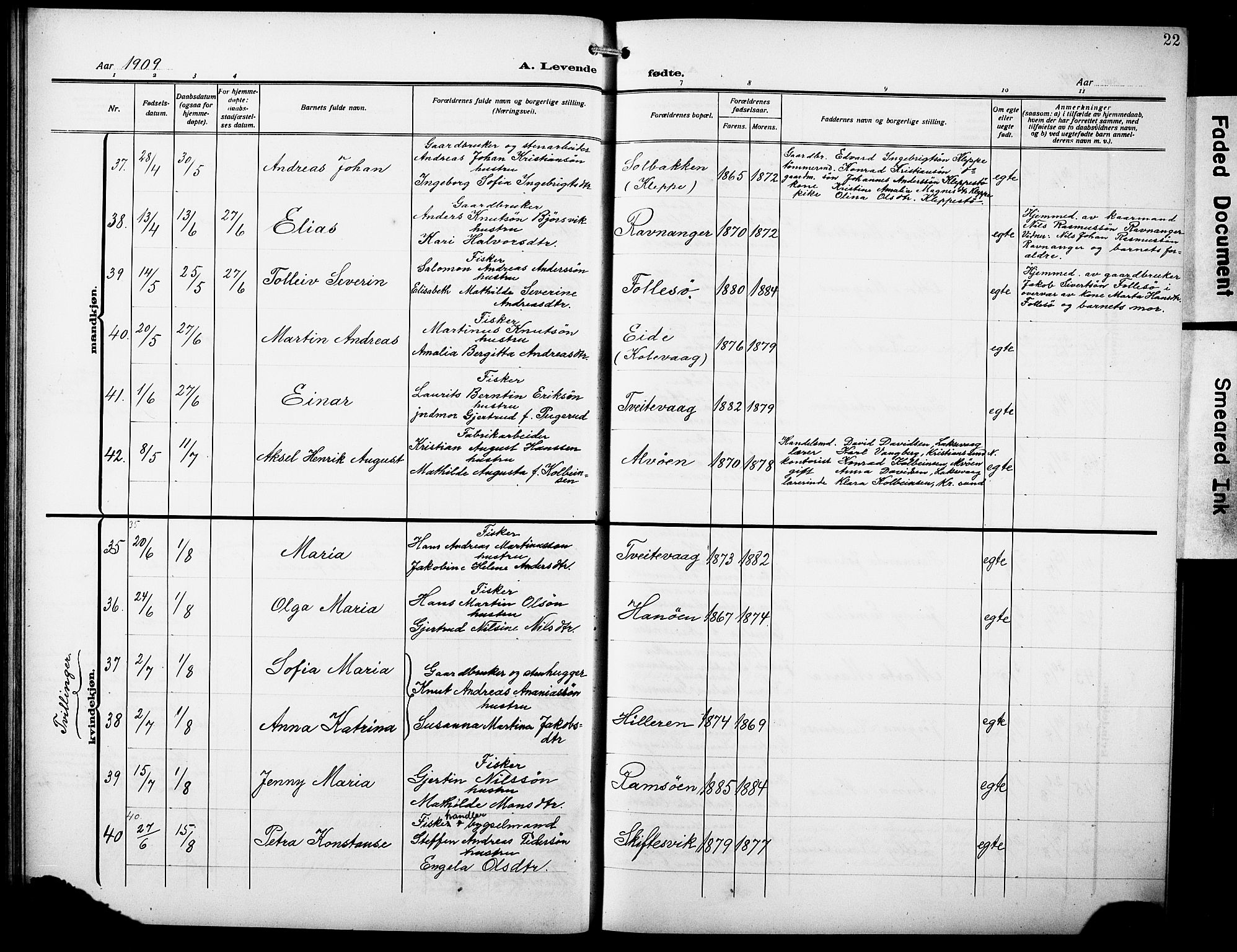 Askøy Sokneprestembete, AV/SAB-A-74101/H/Ha/Hab/Haba/L0011: Parish register (copy) no. A 11, 1908-1931, p. 22