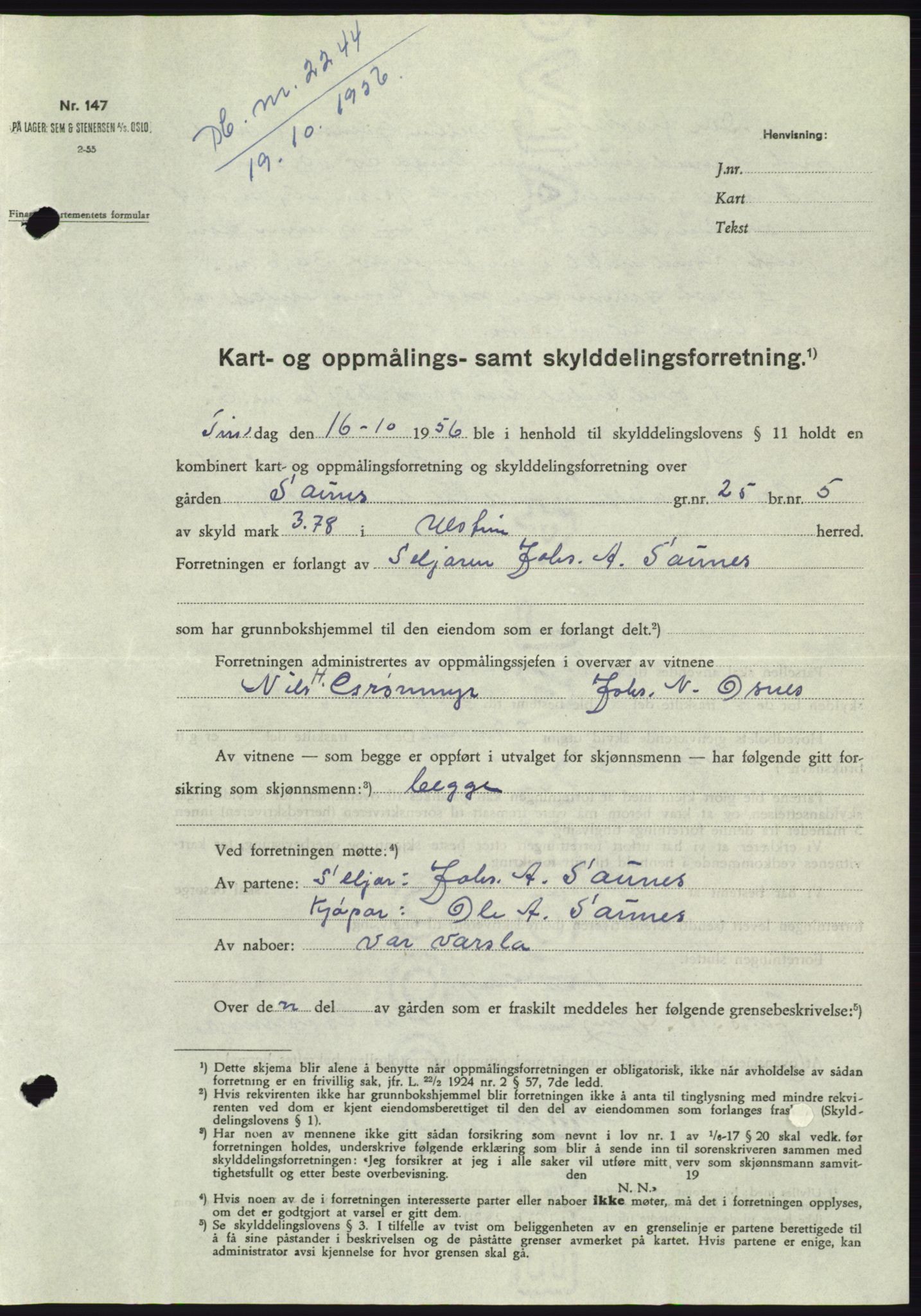 Søre Sunnmøre sorenskriveri, AV/SAT-A-4122/1/2/2C/L0104: Mortgage book no. 30A, 1956-1956, Diary no: : 2244/1956