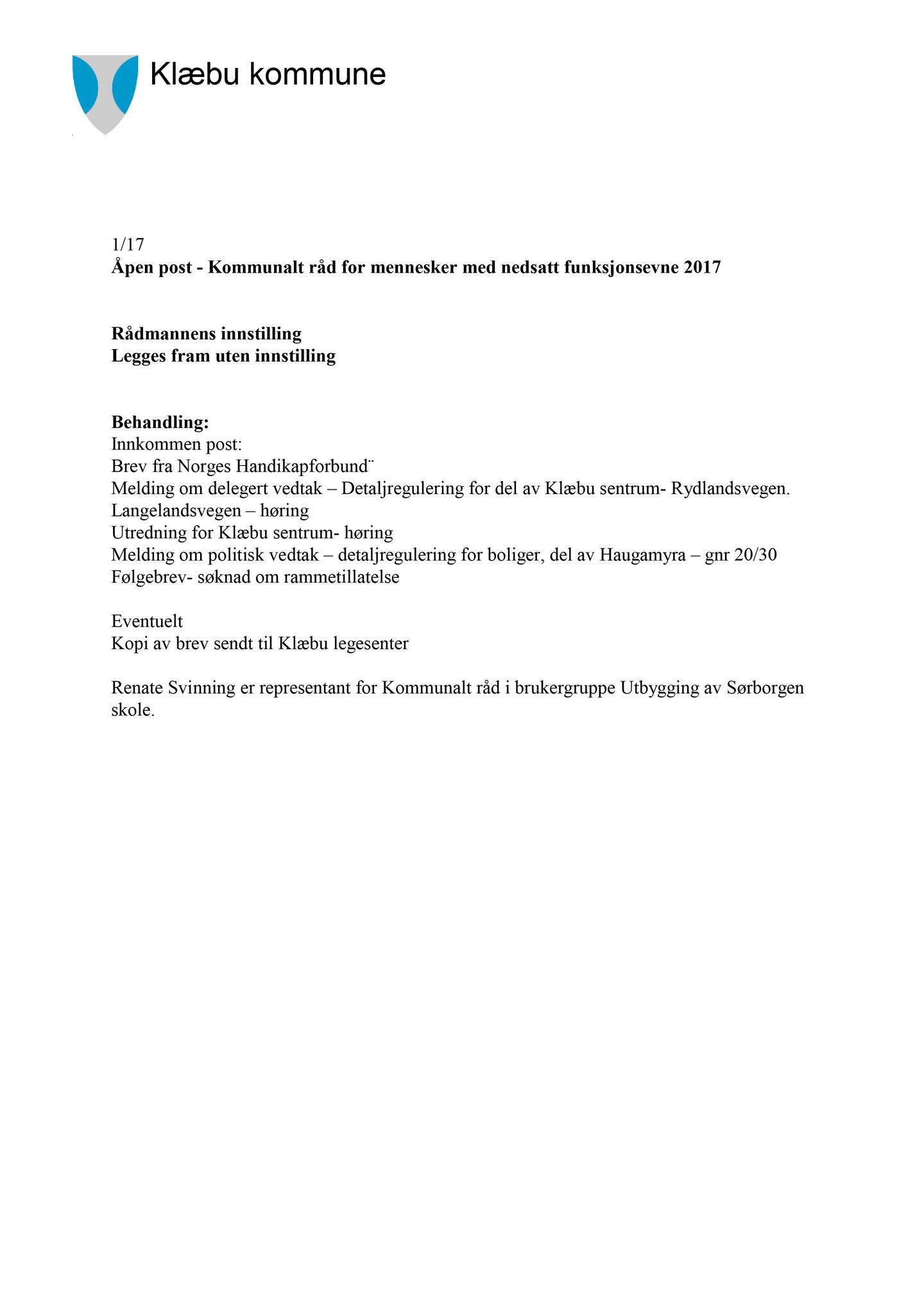 Klæbu Kommune, TRKO/KK/08-KMNF/L007: Kommunalt råd for mennesker med nedsatt funksjonsevne - Møteoversikt, 2017, p. 6