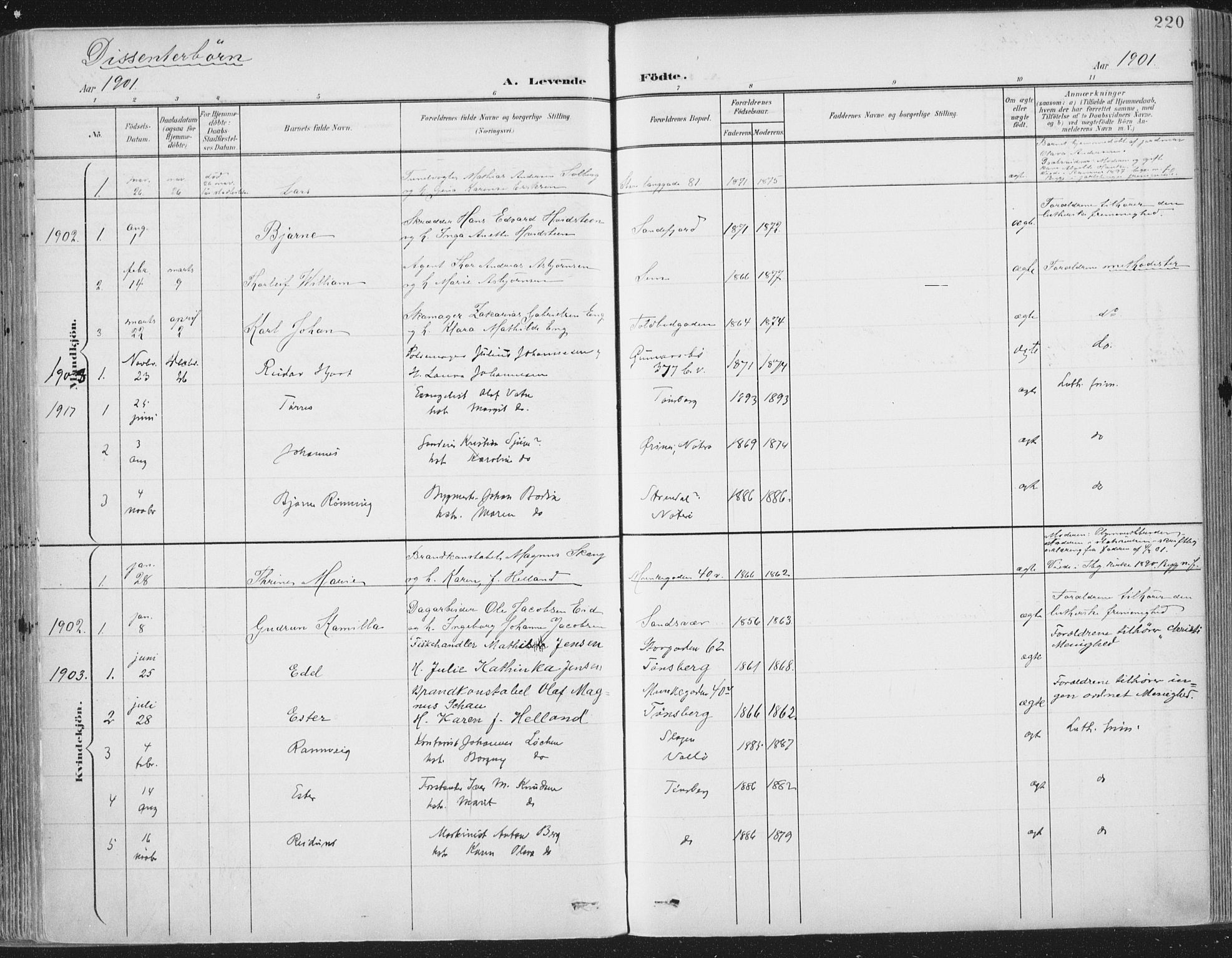 Tønsberg kirkebøker, AV/SAKO-A-330/F/Fa/L0014: Parish register (official) no. I 14, 1900-1913, p. 220