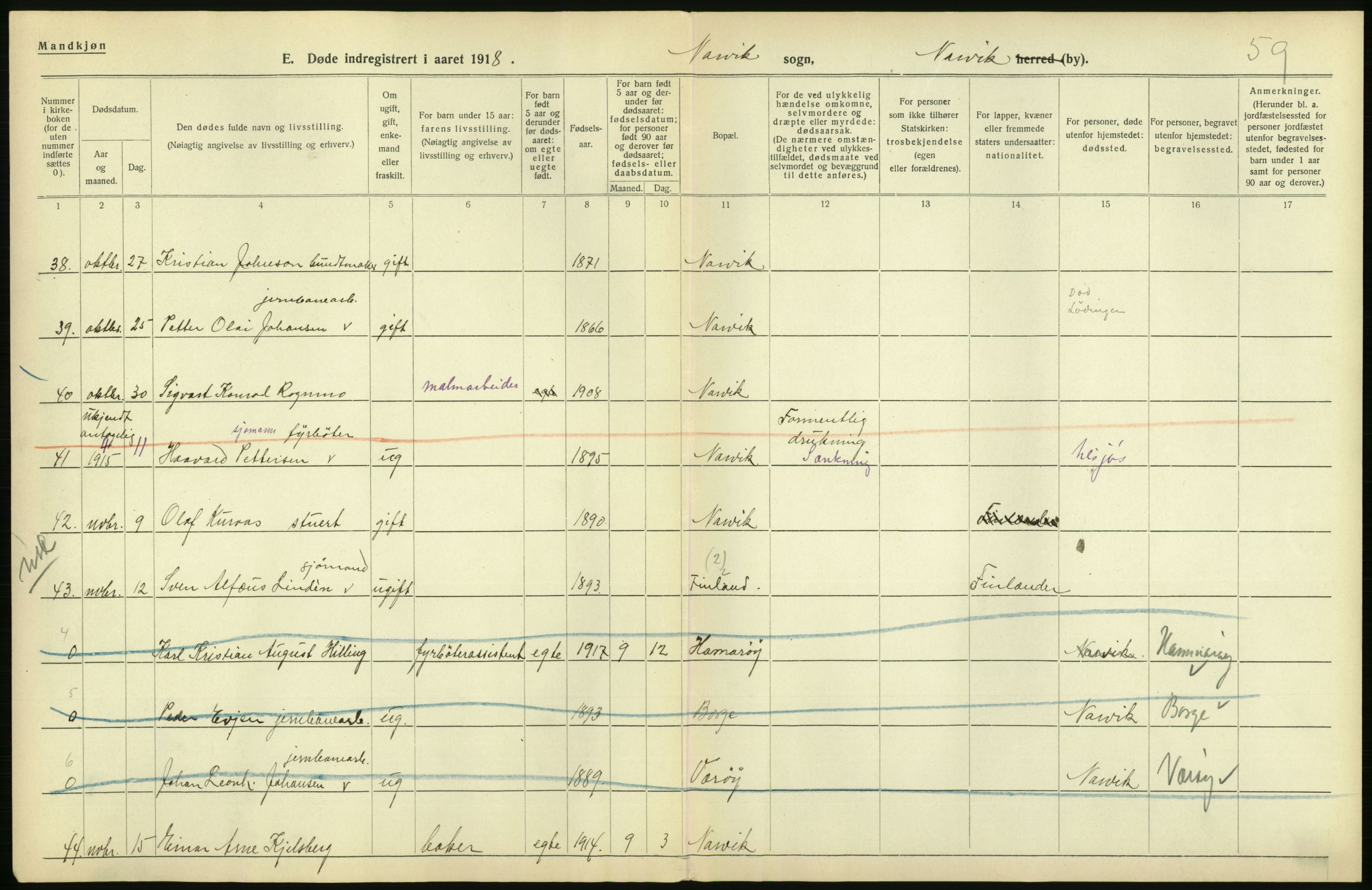 Statistisk sentralbyrå, Sosiodemografiske emner, Befolkning, RA/S-2228/D/Df/Dfb/Dfbh/L0055: Nordland fylke: Døde. Bygder og byer., 1918, p. 16