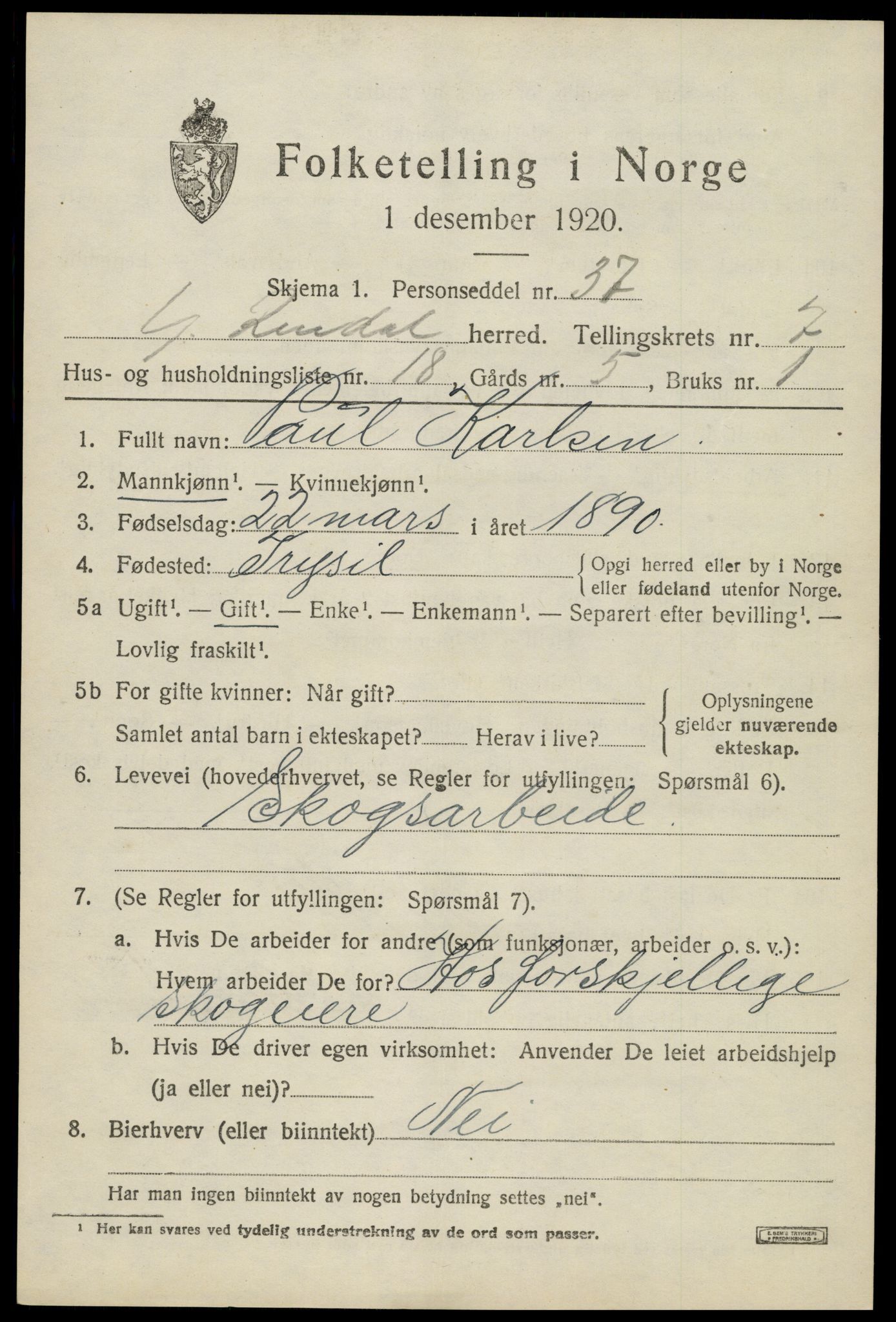 SAH, 1920 census for Ytre Rendal, 1920, p. 3907