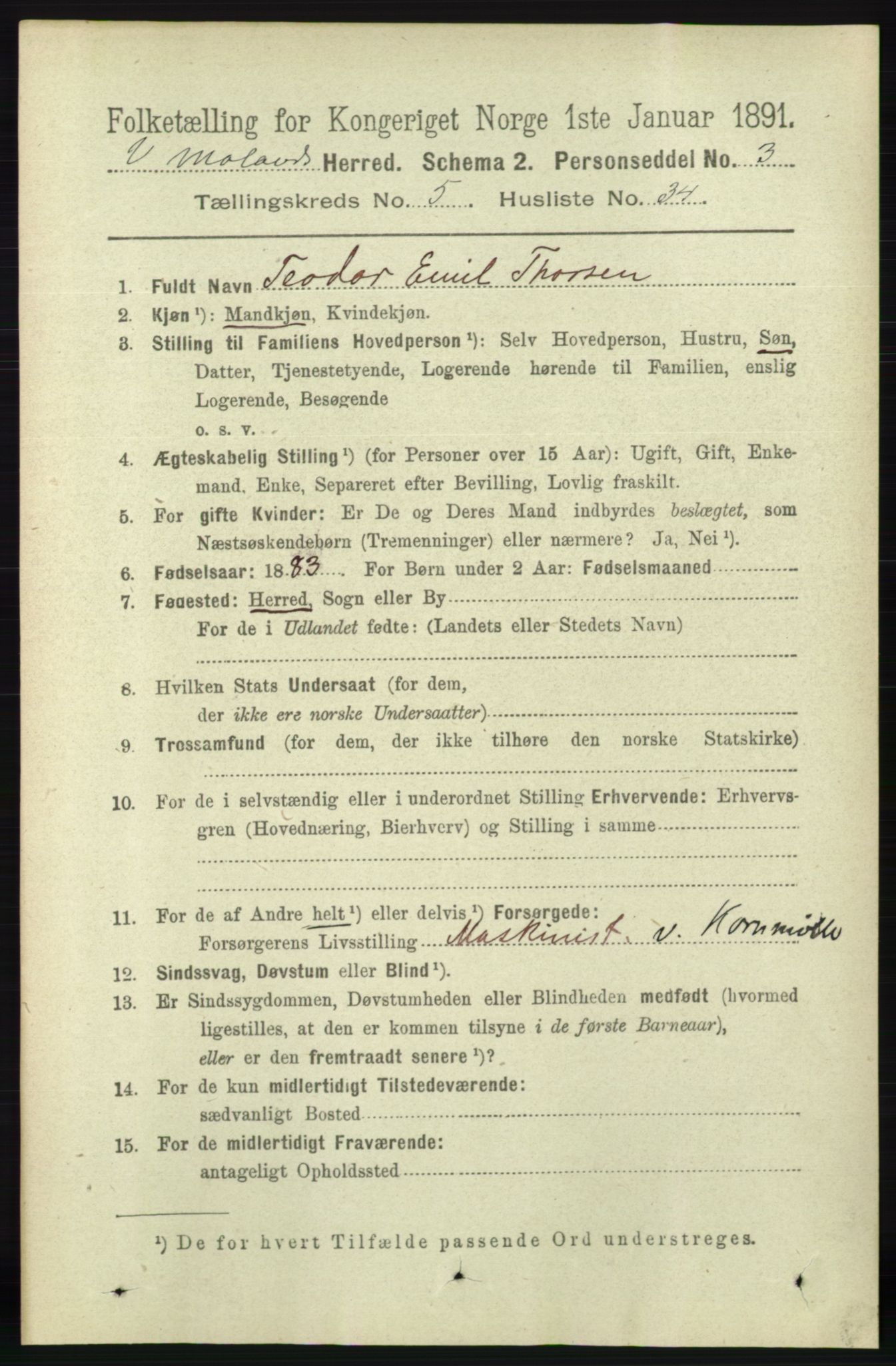 RA, 1891 census for 0926 Vestre Moland, 1891, p. 2012