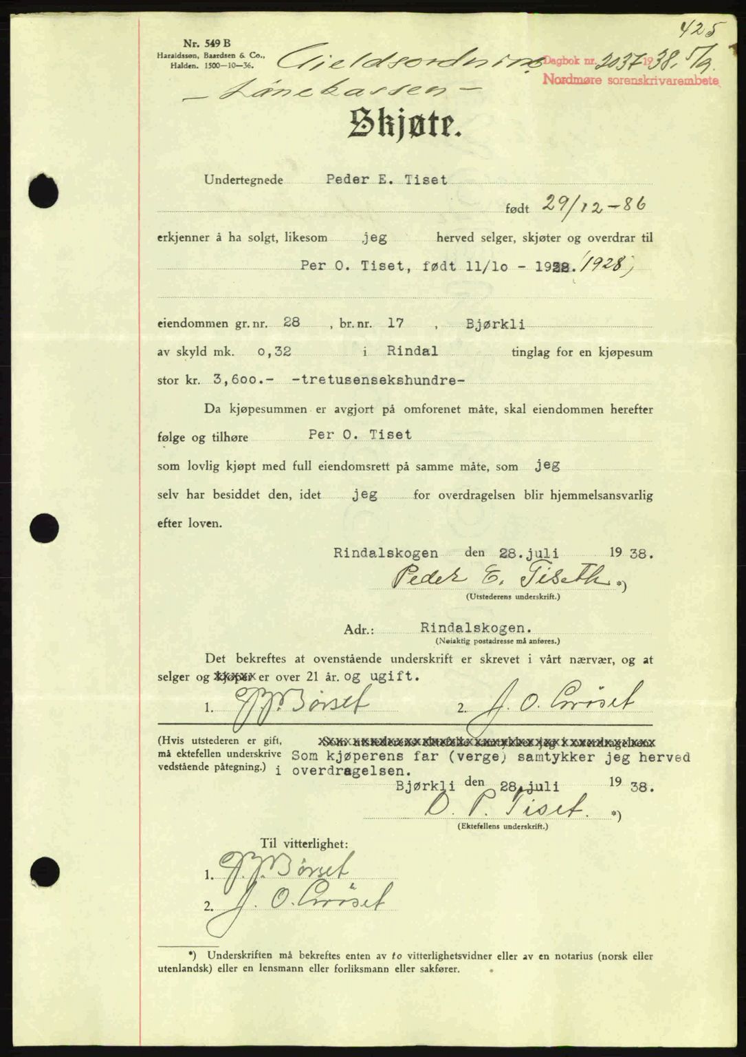 Nordmøre sorenskriveri, SAT/A-4132/1/2/2Ca: Mortgage book no. A84, 1938-1938, Diary no: : 2037/1938