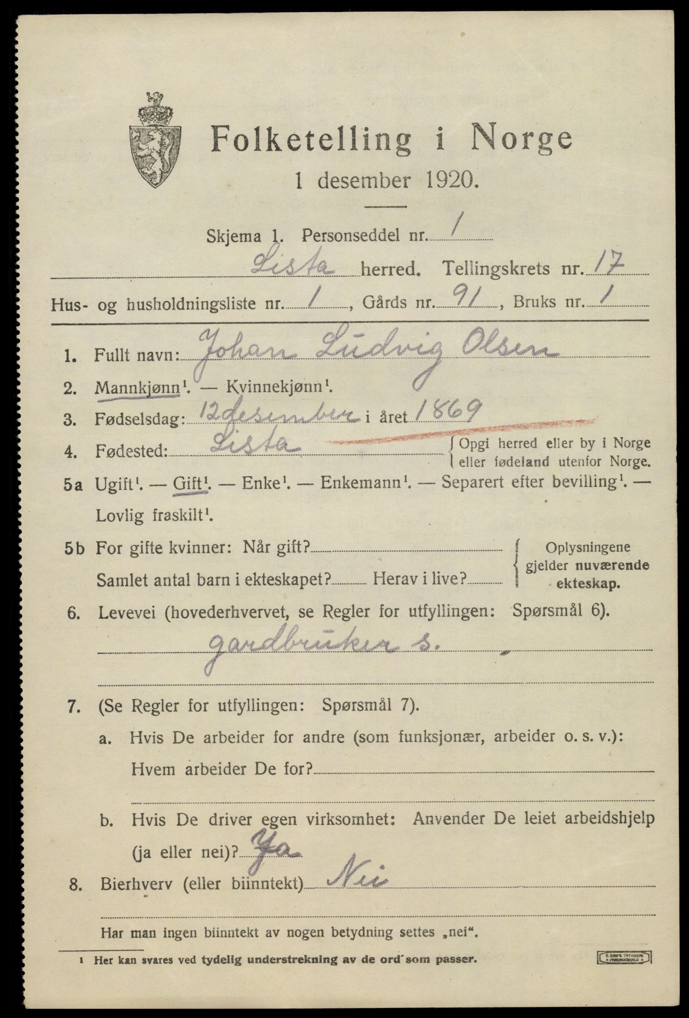 SAK, 1920 census for Lista, 1920, p. 13417