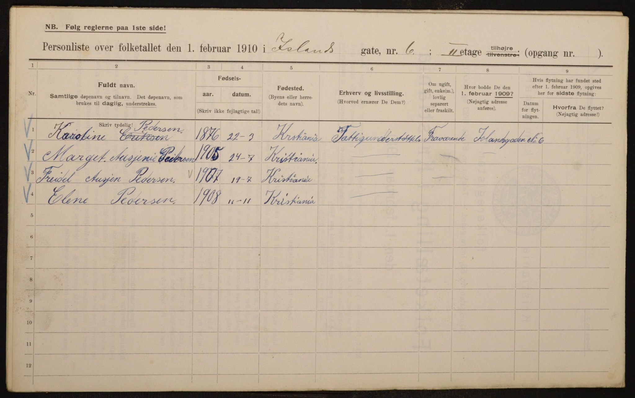 OBA, Municipal Census 1910 for Kristiania, 1910, p. 43418