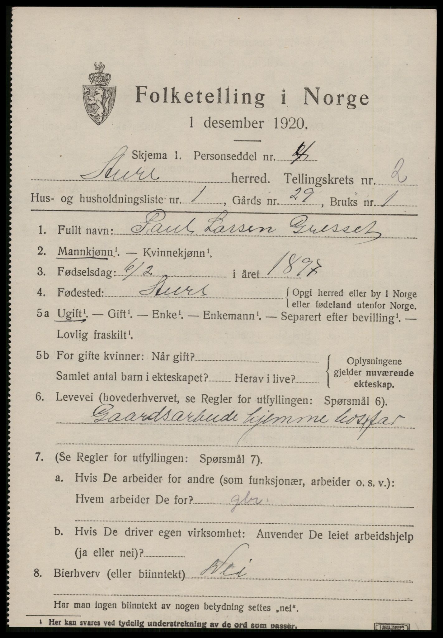 SAT, 1920 census for Aure, 1920, p. 1160