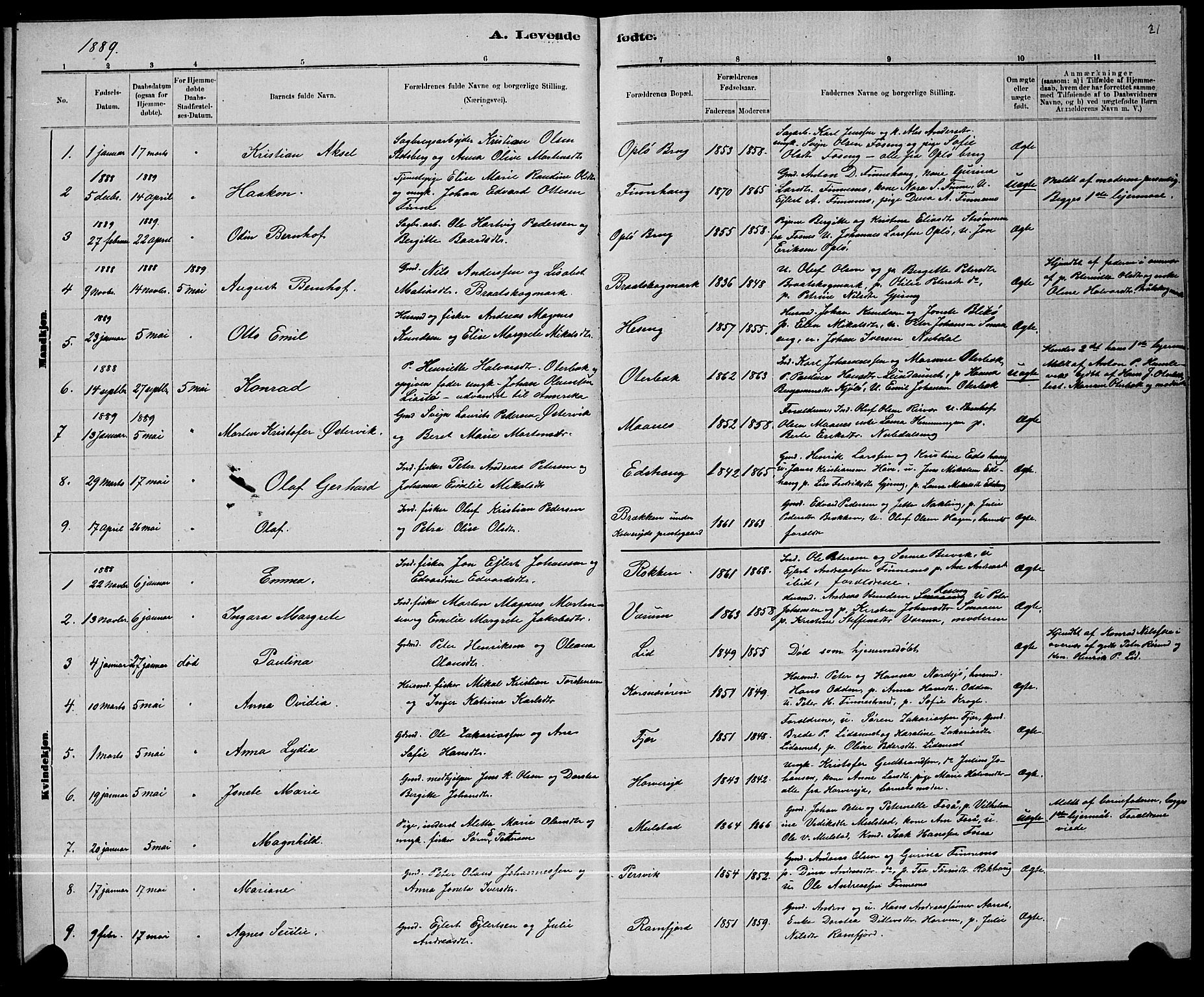 Ministerialprotokoller, klokkerbøker og fødselsregistre - Nord-Trøndelag, AV/SAT-A-1458/780/L0651: Parish register (copy) no. 780C03, 1884-1898, p. 21