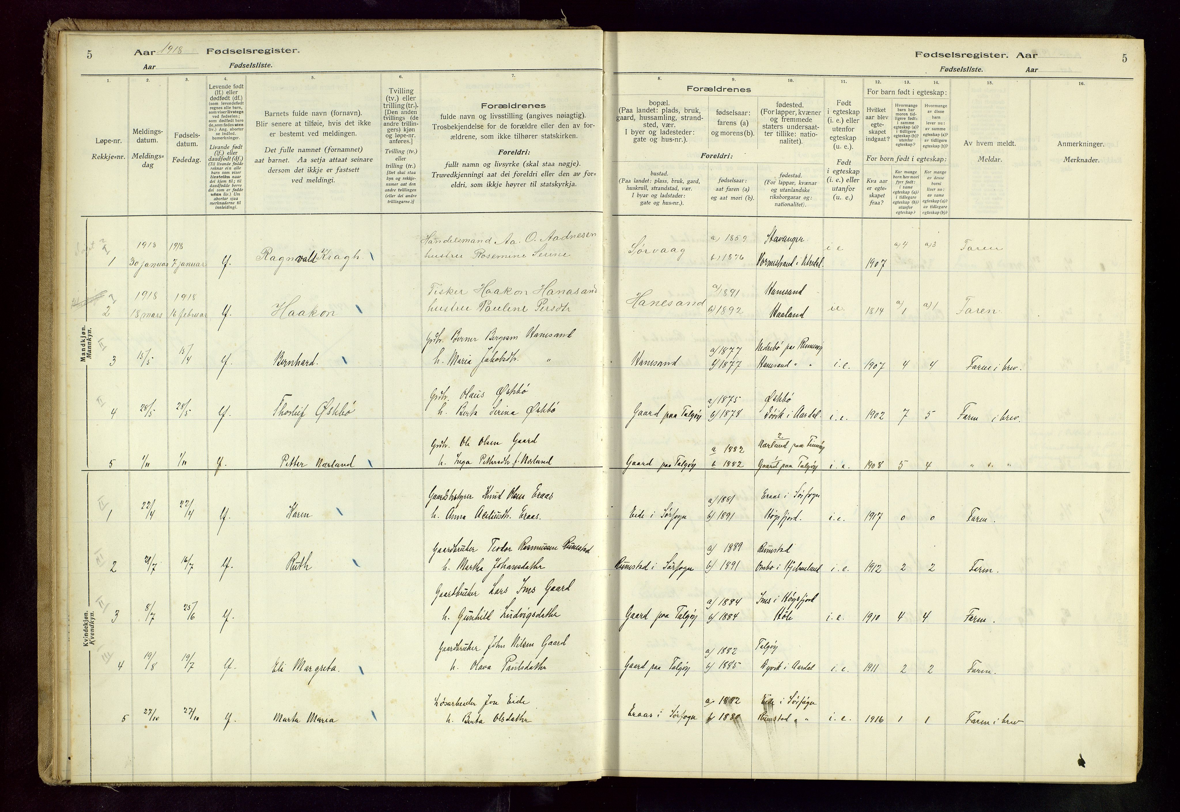 Finnøy sokneprestkontor, SAST/A-101825/I/Id/L0002: Birth register no. 2, 1916-1982, p. 5