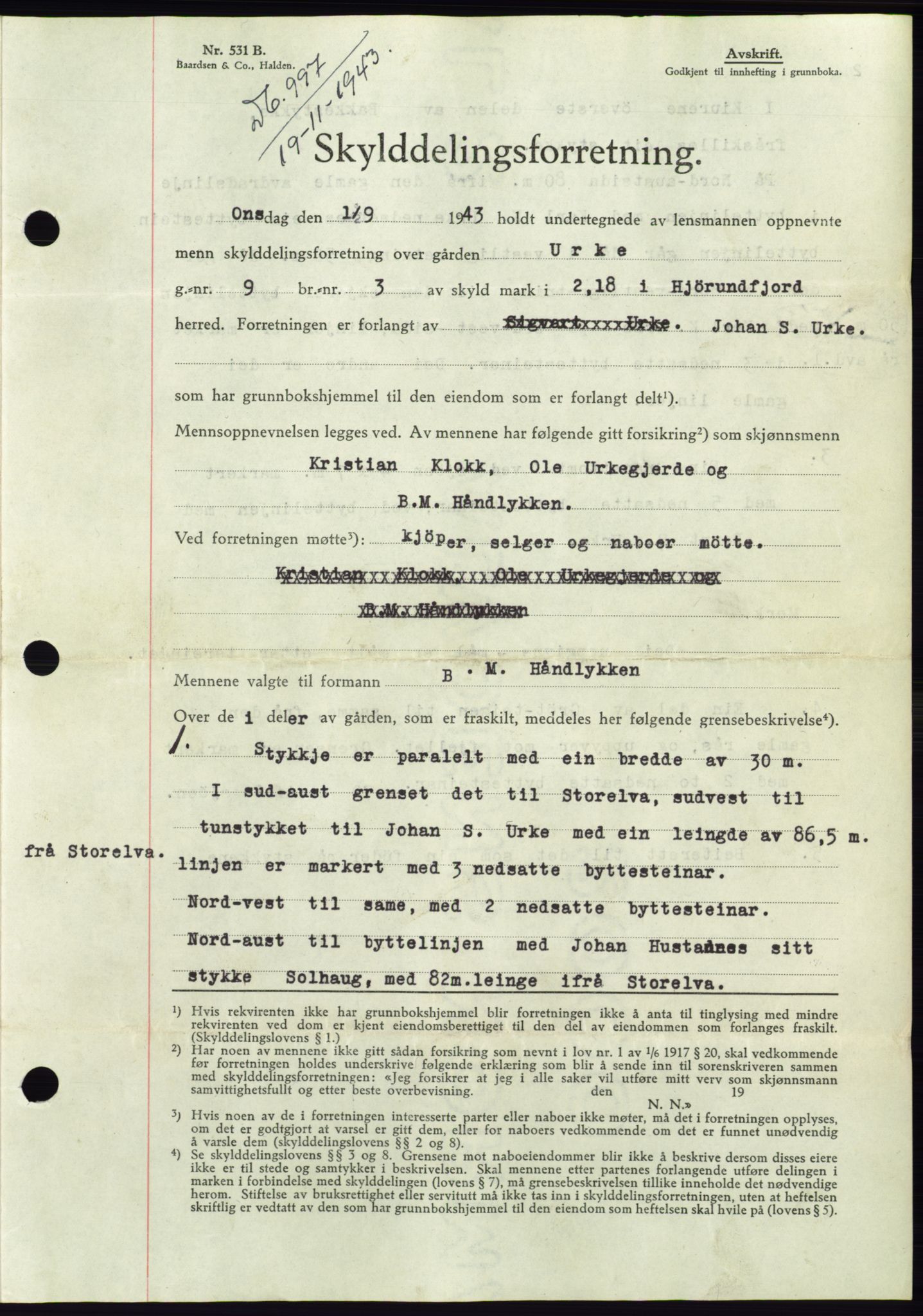 Søre Sunnmøre sorenskriveri, AV/SAT-A-4122/1/2/2C/L0075: Mortgage book no. 1A, 1943-1943, Diary no: : 997/1943