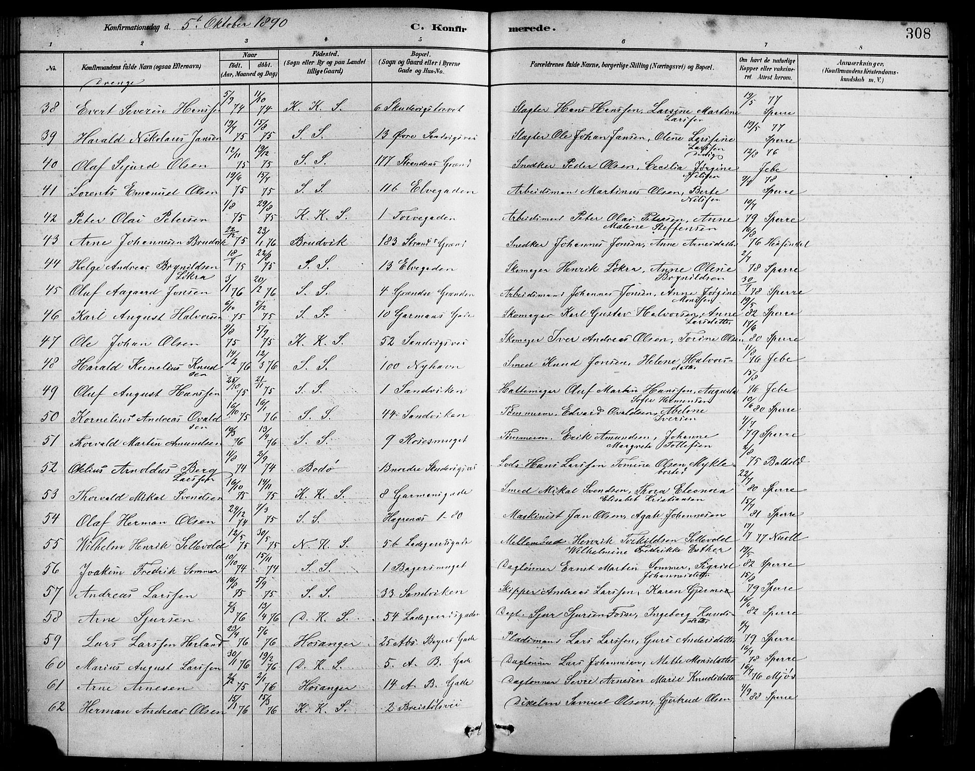 Sandviken Sokneprestembete, AV/SAB-A-77601/H/Hb/L0001: Parish register (copy) no. A 2, 1879-1892, p. 308