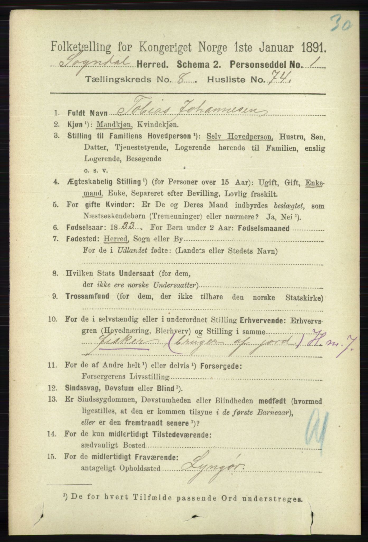 RA, 1891 census for 1111 Sokndal, 1891, p. 3106