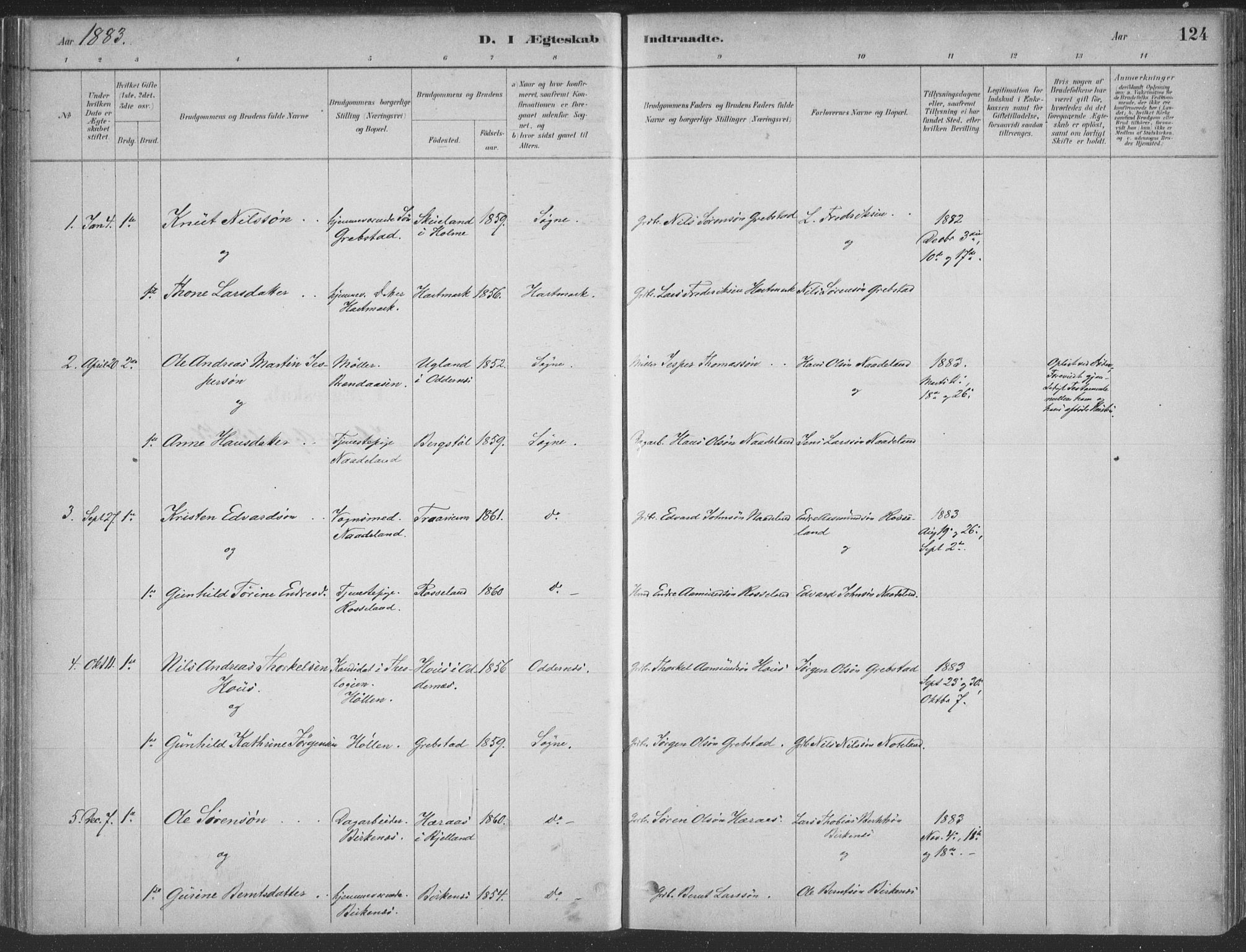 Søgne sokneprestkontor, SAK/1111-0037/F/Fa/Faa/L0003: Parish register (official) no. A 3, 1883-1910, p. 124
