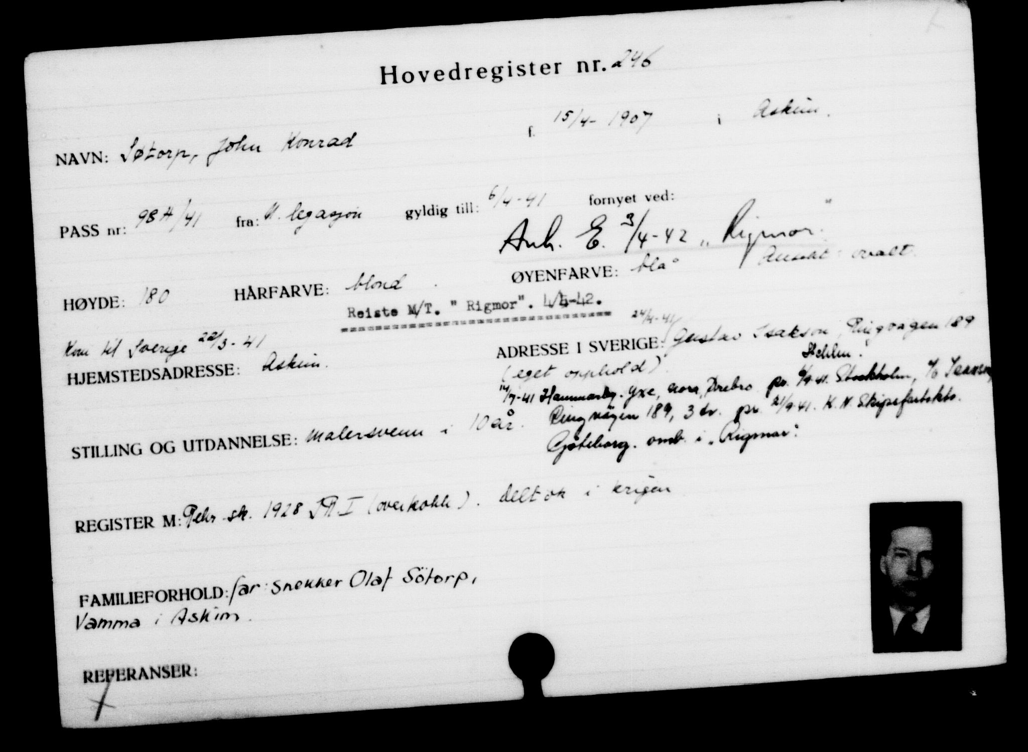 Utenriksstasjonene, Legasjonen i Stockholm, Flyktningkontoret, AV/RA-S-6753/V/Va/L0001: Kjesäterkartoteket, flyktninger med registreringsnr. 1-1000, 1940-1945, p. 392