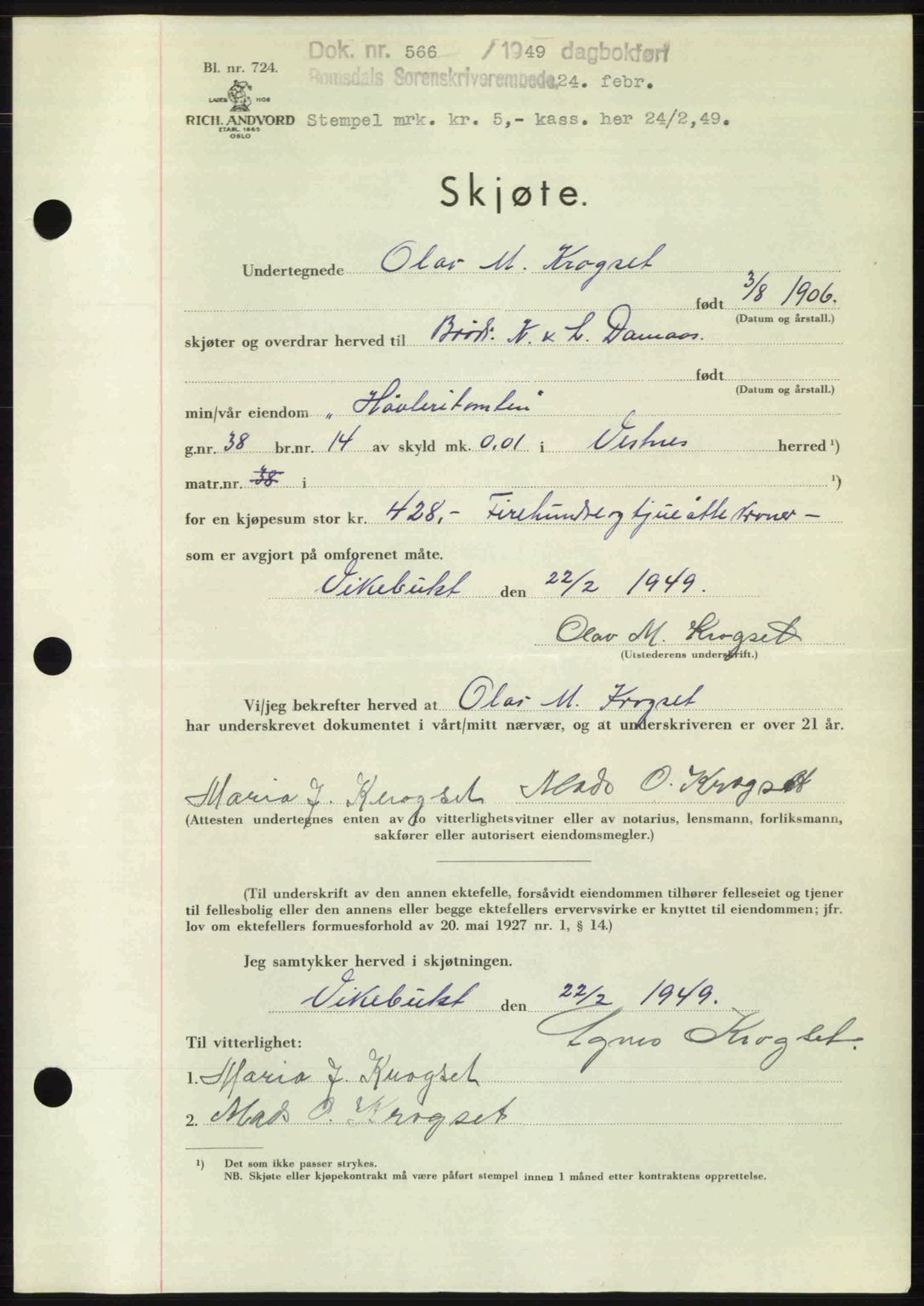 Romsdal sorenskriveri, AV/SAT-A-4149/1/2/2C: Mortgage book no. A28, 1948-1949, Diary no: : 566/1949