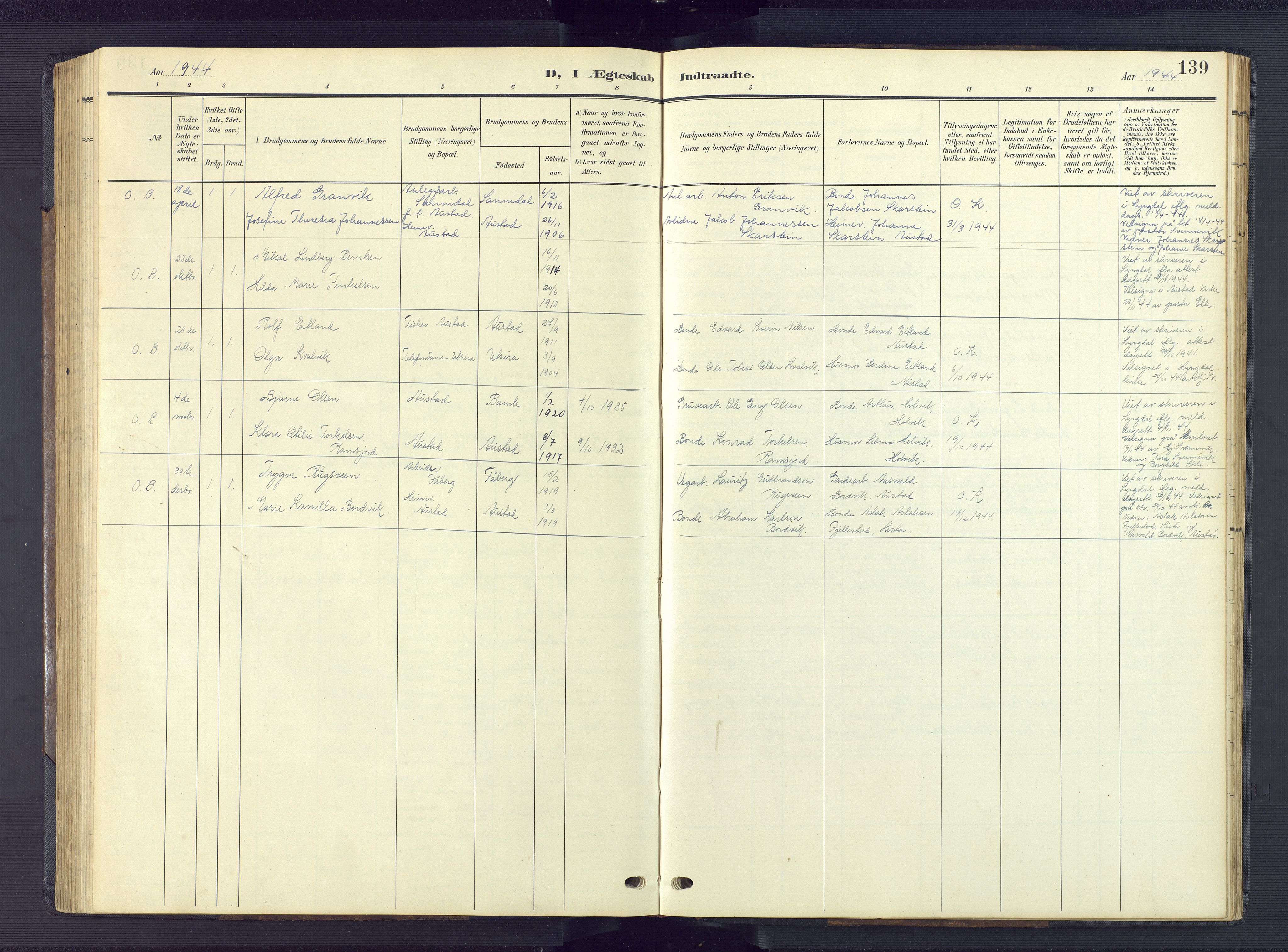 Lyngdal sokneprestkontor, AV/SAK-1111-0029/F/Fb/Fba/L0004: Parish register (copy) no. B 4, 1904-1950, p. 139